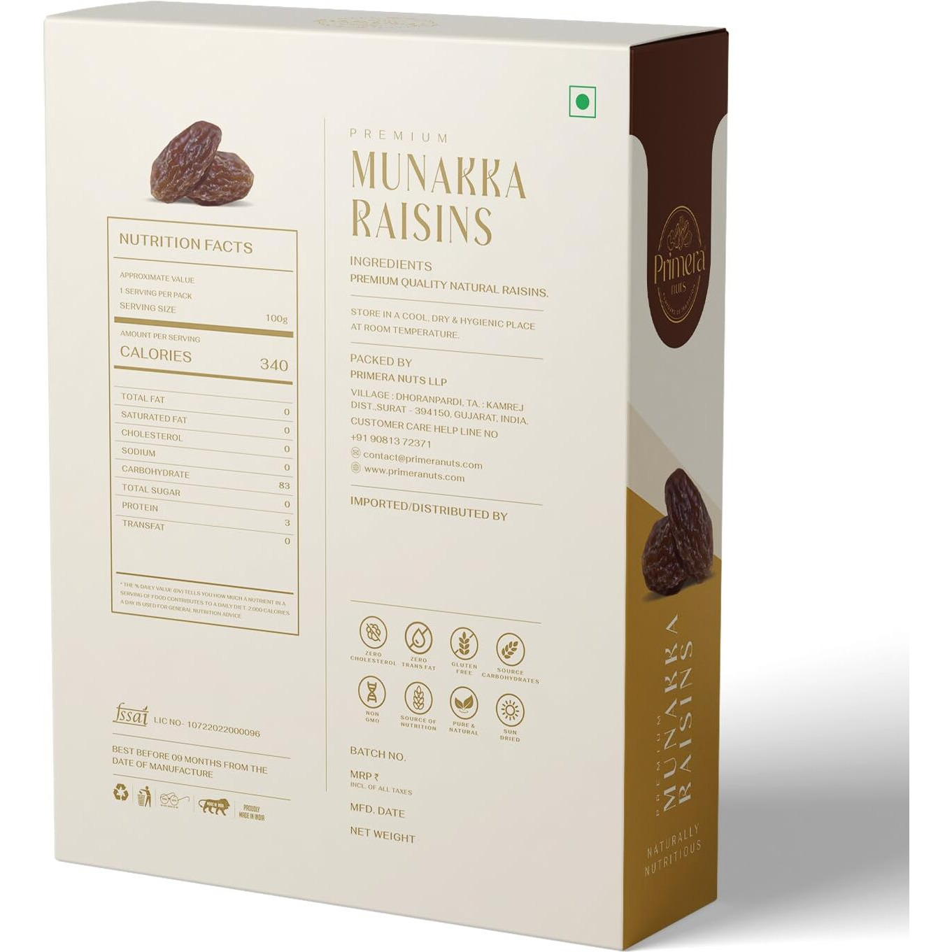 PRIMERA NUTS Premium Tasty Munakka seedless Raisins 250 GM | Naturally Nutritious Delicious Healthy Snack Dry Fruit (Without Seed)