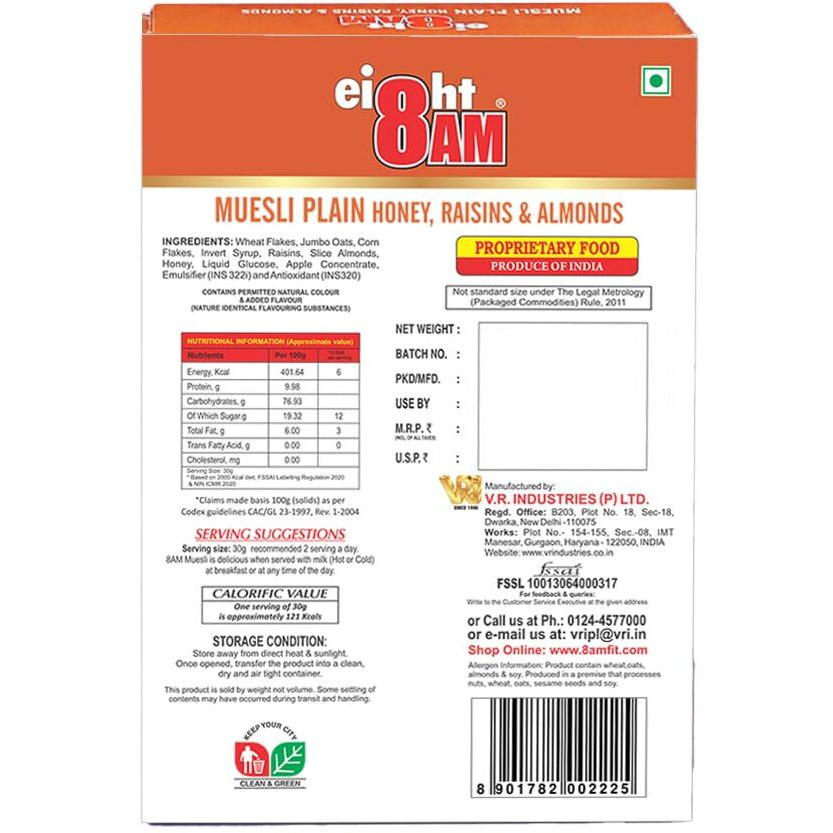 8AM Muesli Honey, Raisins & Almonds, 425 gm | Sweetened with Natural Honey | Contain Seeds, Dry Fruits, Nuts, Multigrain Breakfast Cereal, Protein & Fiber Rich Tasty, Nutritious and Healthy Snacks