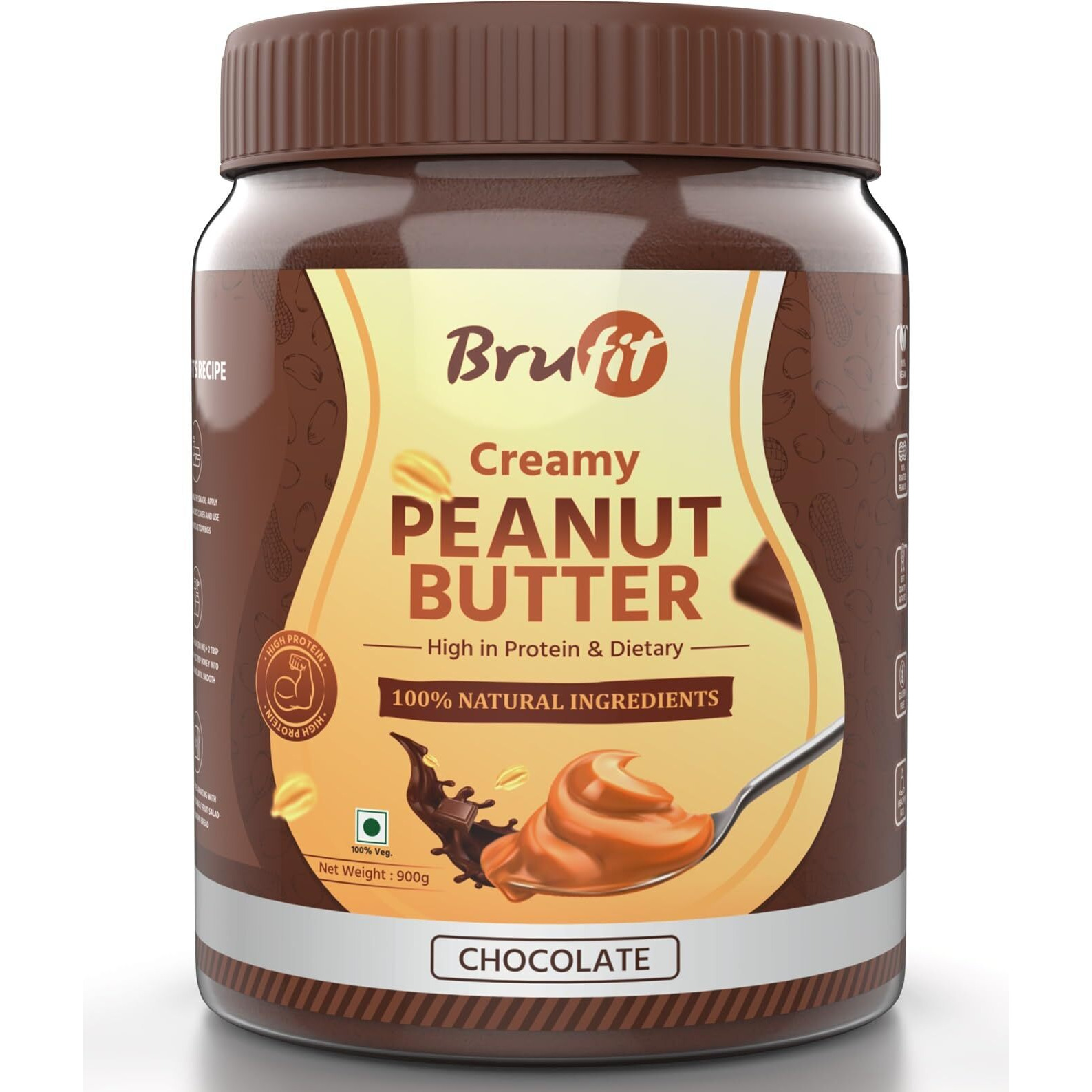 BruFit Chocolate Peanut Butter 18.6g Protein & 5.2g Fiber, Tasty & Healthy Nut Butter Spread with No-Cholesterol, Vegan, Gluten Free, Zero Tans Fat (Creamy,900 g).
