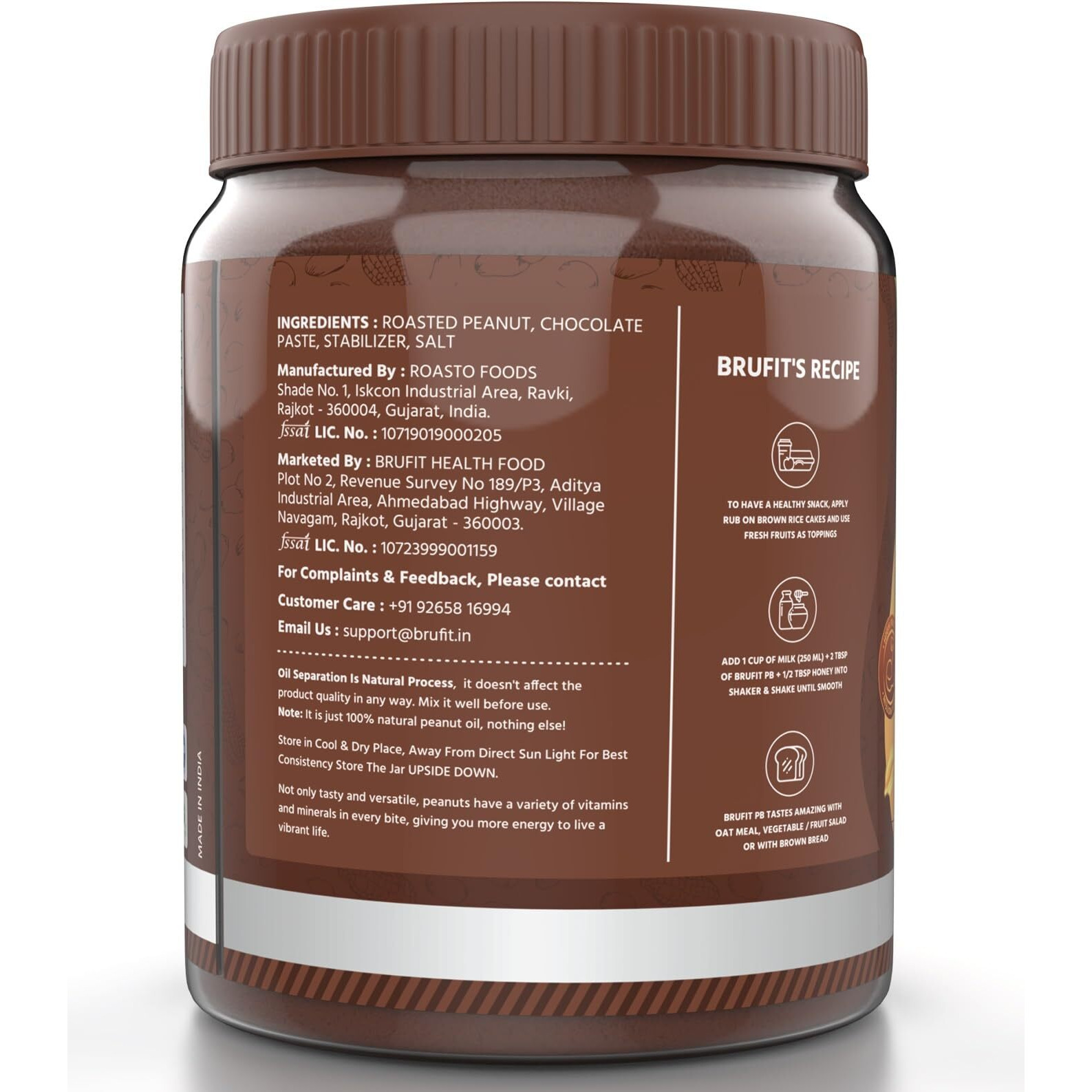 BruFit Chocolate Peanut Butter 18.6g Protein & 5.2g Fiber, Tasty & Healthy Nut Butter Spread with No-Cholesterol, Vegan, Gluten Free, Zero Tans Fat (Creamy,900 g).