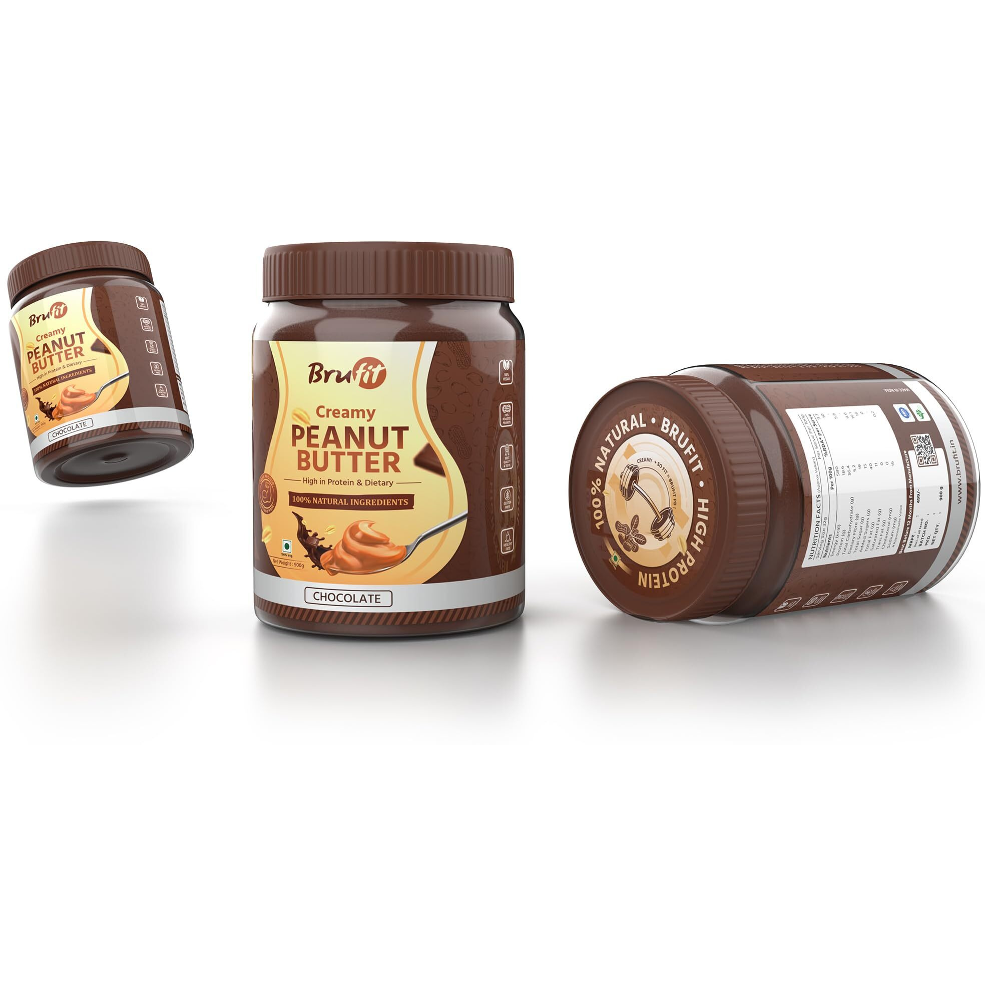 BruFit Chocolate Peanut Butter 18.6g Protein & 5.2g Fiber, Tasty & Healthy Nut Butter Spread with No-Cholesterol, Vegan, Gluten Free, Zero Tans Fat (Creamy,900 g).