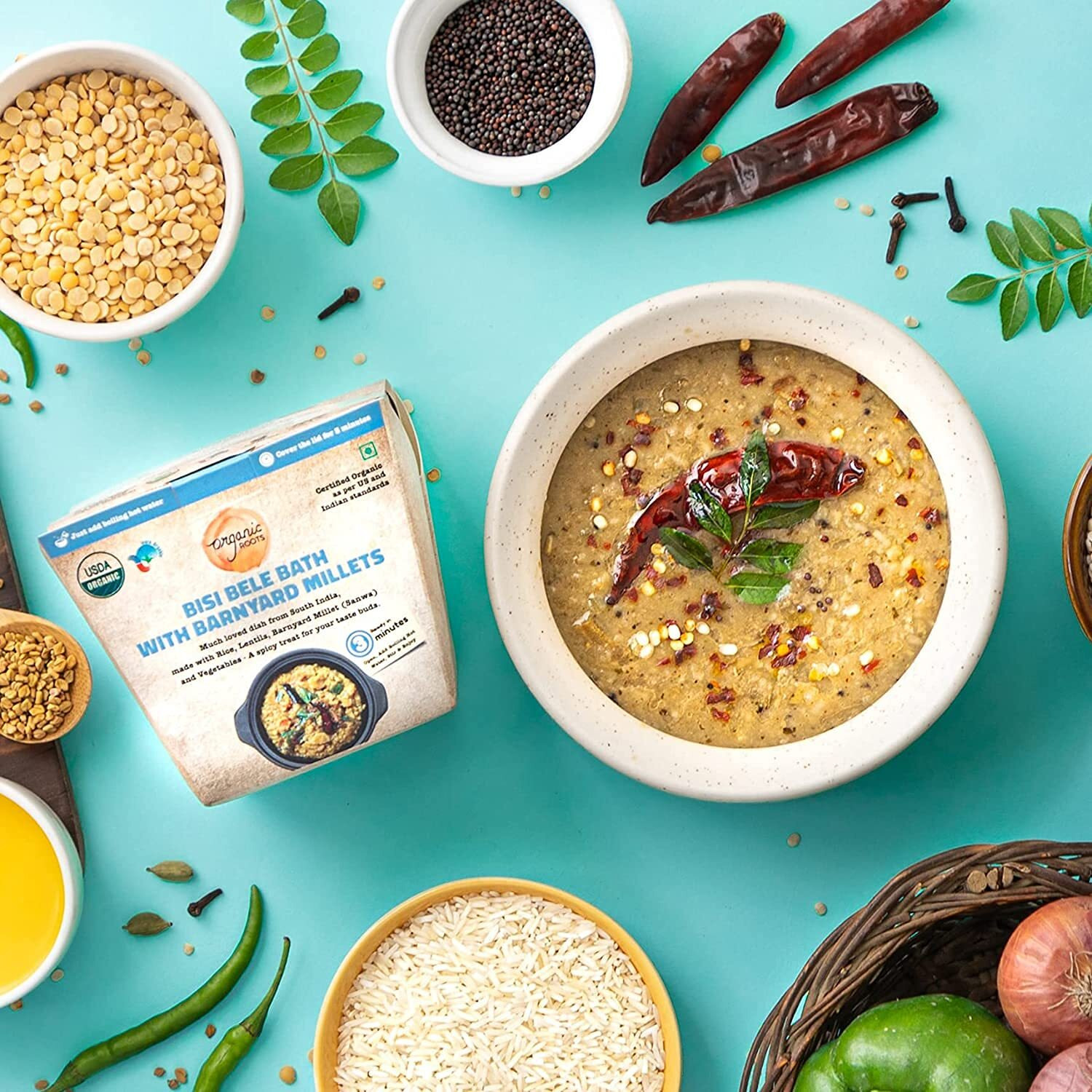 Organic Roots Bisi BeLe Bath with Barnyard Millets, Instant Food, Healthy Food, Ready to Eat Full Meal, No MSG, No Preservatives, 55 Gm (Pack of 1)