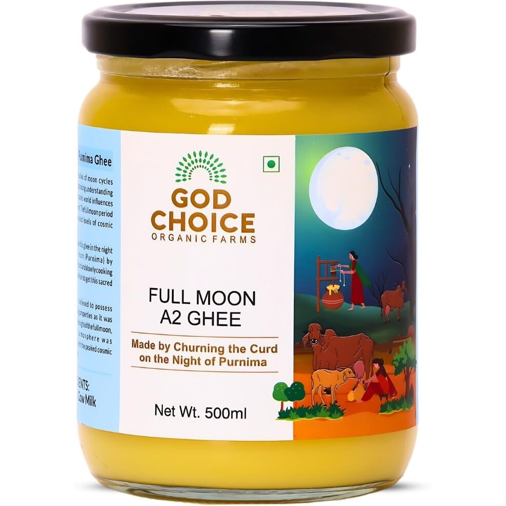 God Choice Organic Farms  Pure Full Moon A2 Desi Ghee 500 ML | Cultured Desi Cow Ghee from Bilona Method | Curd Churned Organic Cow Ghee (Glass Jar)