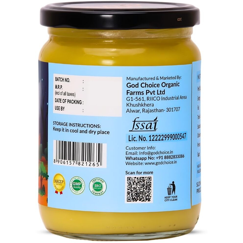 God Choice Organic Farms  Pure Full Moon A2 Desi Ghee 500 ML | Cultured Desi Cow Ghee from Bilona Method | Curd Churned Organic Cow Ghee (Glass Jar)