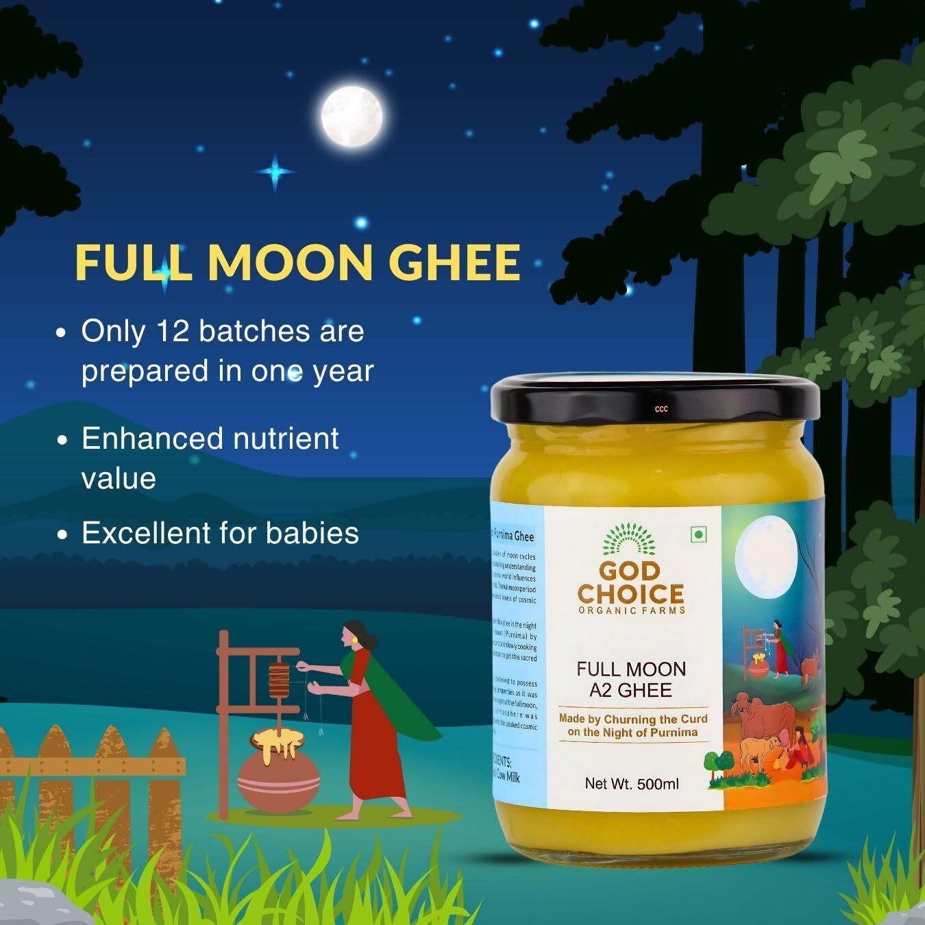 God Choice Organic Farms  Pure Full Moon A2 Desi Ghee 500 ML | Cultured Desi Cow Ghee from Bilona Method | Curd Churned Organic Cow Ghee (Glass Jar)