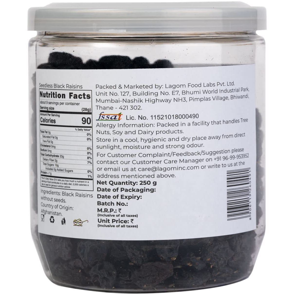 Lagom Gourmet Seedless Black Raisins 250g | All Natural | No Preservatives | No Added Sugar | Gluten Free | Vegan | Plant Based | Non GMO | Raisins Dry Fruit | Kismis | Kishmish