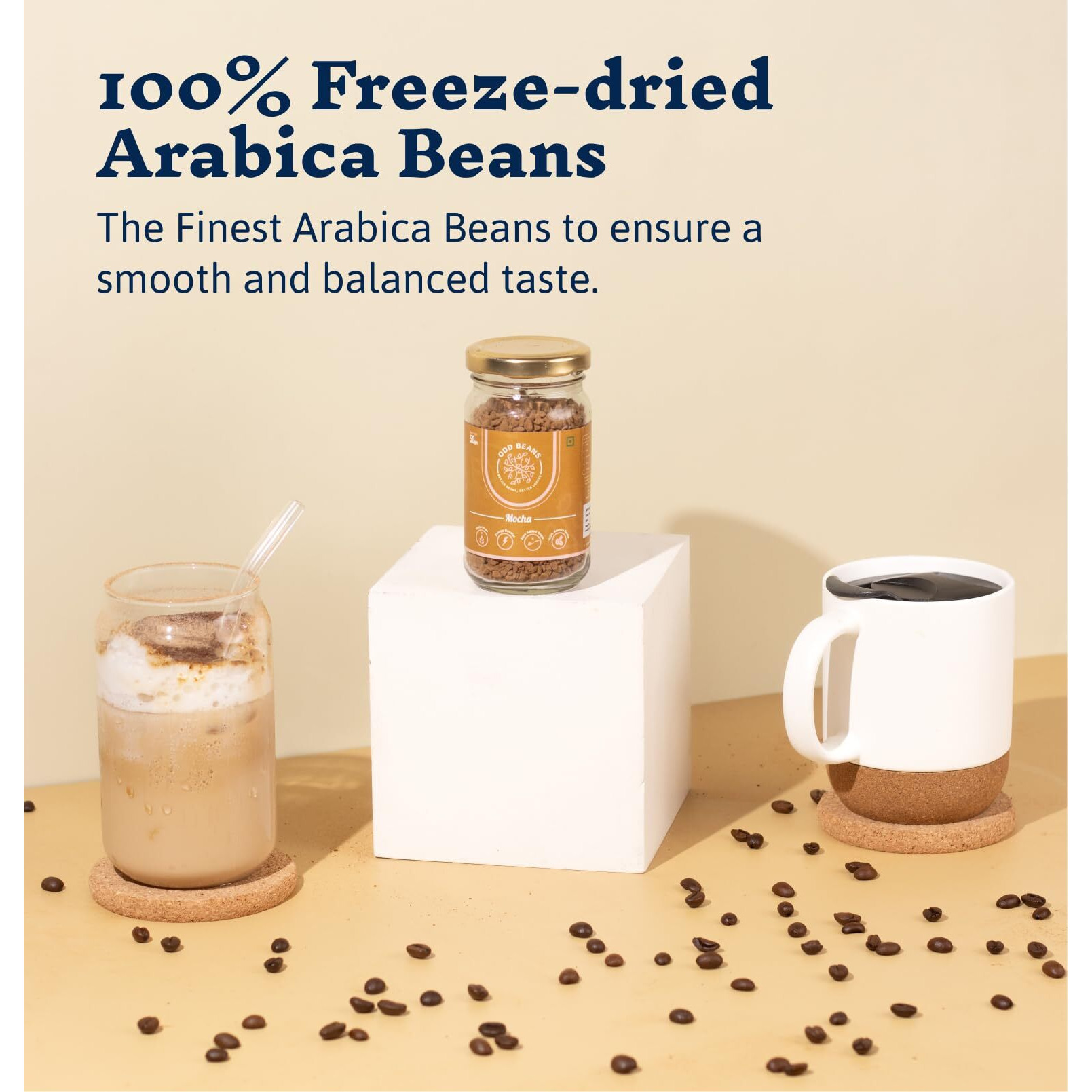 Odd Beans Premium Instant Coffee Powder | Rich Flavour and Aromatic, 100% Arabica Beans for Intense Cold & Black Coffee | No Chicory Added (Mocha, 50 g)