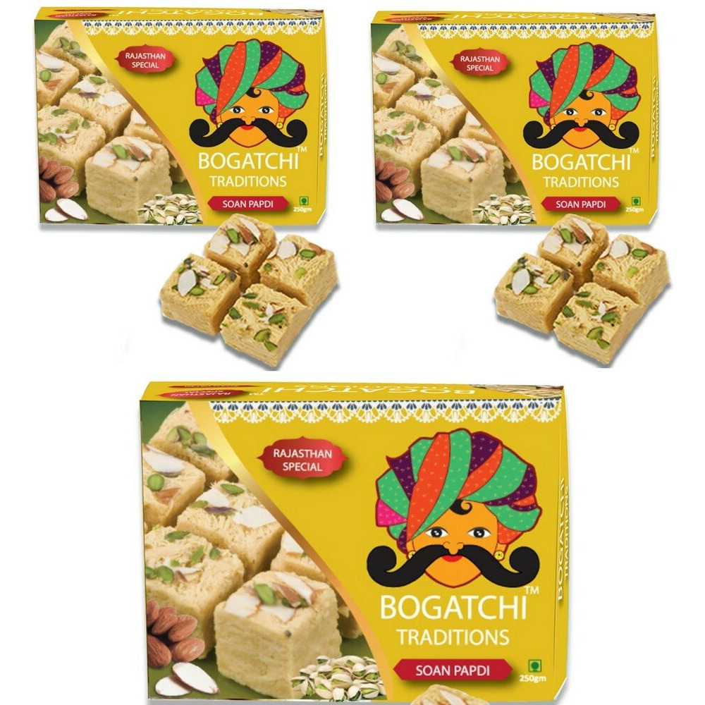 BOGATCHI Soan Papdi, Traditional Rajasthani SoanPapdi, Royal Indian Sweet for Gift on Festival, Pack of 3 x 250g