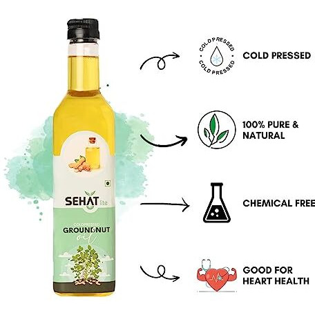 SEHAT lite Pure & Unrefined Cold Pressed Groundnut (Peanut) Oil,Kolhu/Kacchi Ghani/Mara Chekku/Ganuga,Naturally Cholesterol Free,Groundnut Oil Rich Aroma & Flavour Of Real Groundnuts