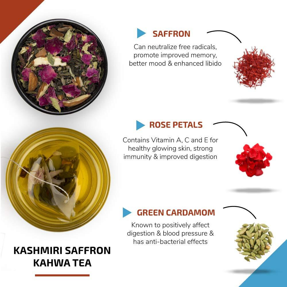 Udyan Tea Kashmiri Kahwa Green Tea Bags, 12 Pyramid Tea Bags | 100% Natural Whole Leaf Tea with Herbs & Spices