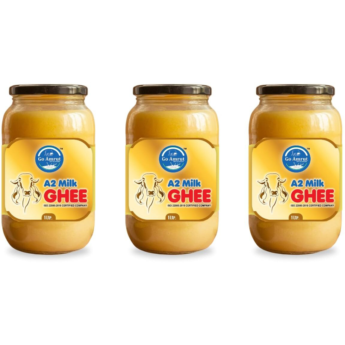 Go Amrut A2 Bilona Desi Cow Ghee - Vedic Bilona Method - Traditional Curd Churned - Organically Made A2 Cow Ghee - Grass Fed Gir Cow Ghee - Premium Desi Cow Ghee - Glass Jar (1000 ML - PACK OF 3)
