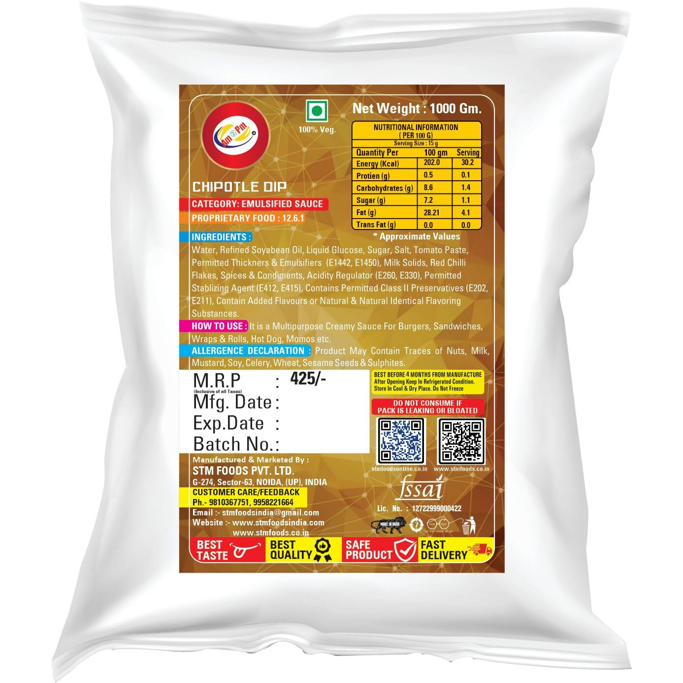 Am 2 Pm - Chipotle Dip Multipurpose Creamy Sauce For Burgers, Sandwiches,Wraps & Rolls Hot Dog Momos - 1Kg