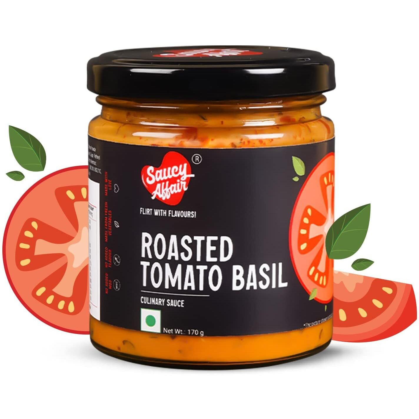 Saucy Affair Roasted Basil Tomato Sauce | Tomato Sauce In Fresh | Tomato Ketchup | Pizza Pasta Sauce, Ready To Eat - 170Gm