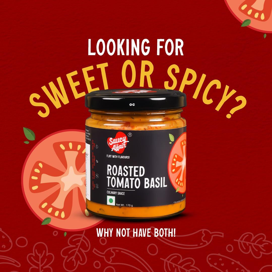 Saucy Affair Roasted Basil Tomato Sauce | Tomato Sauce In Fresh | Tomato Ketchup | Pizza Pasta Sauce, Ready To Eat - 170Gm