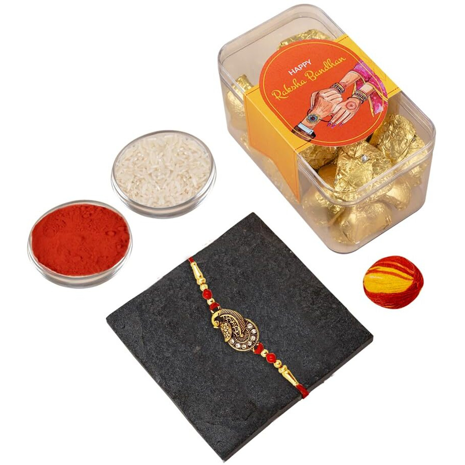 Tummy Pops Chocolate Gift Box 20 Handmade Heart Shape Chocolate and Rice Crisp Bites | Rakhi Gift Hamper With Rakhi, Greeting Card & Roli Chawal