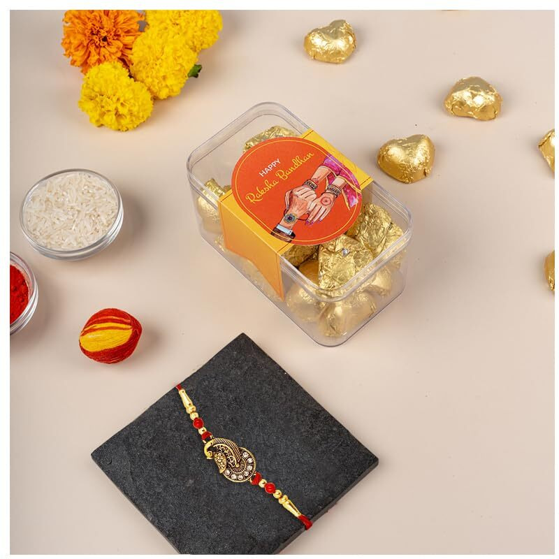 Tummy Pops Chocolate Gift Box 20 Handmade Heart Shape Chocolate and Rice Crisp Bites | Rakhi Gift Hamper With Rakhi, Greeting Card & Roli Chawal