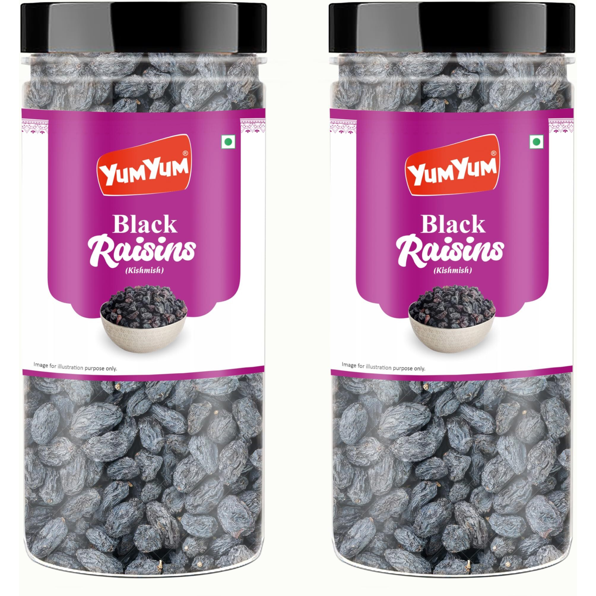 YUM YUM Premium Seedless Dried Black Raisins (Kali Kishmish) Dry Fruit 500g (Pack of 2-250g Each Jar)