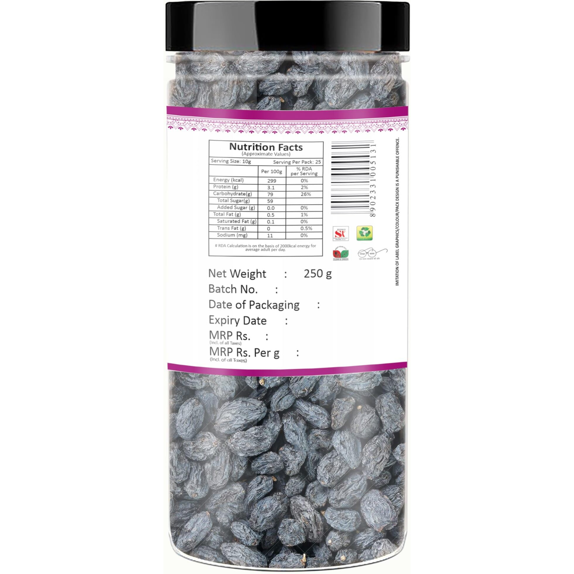 YUM YUM Premium Seedless Dried Black Raisins (Kali Kishmish) Dry Fruit 500g (Pack of 2-250g Each Jar)
