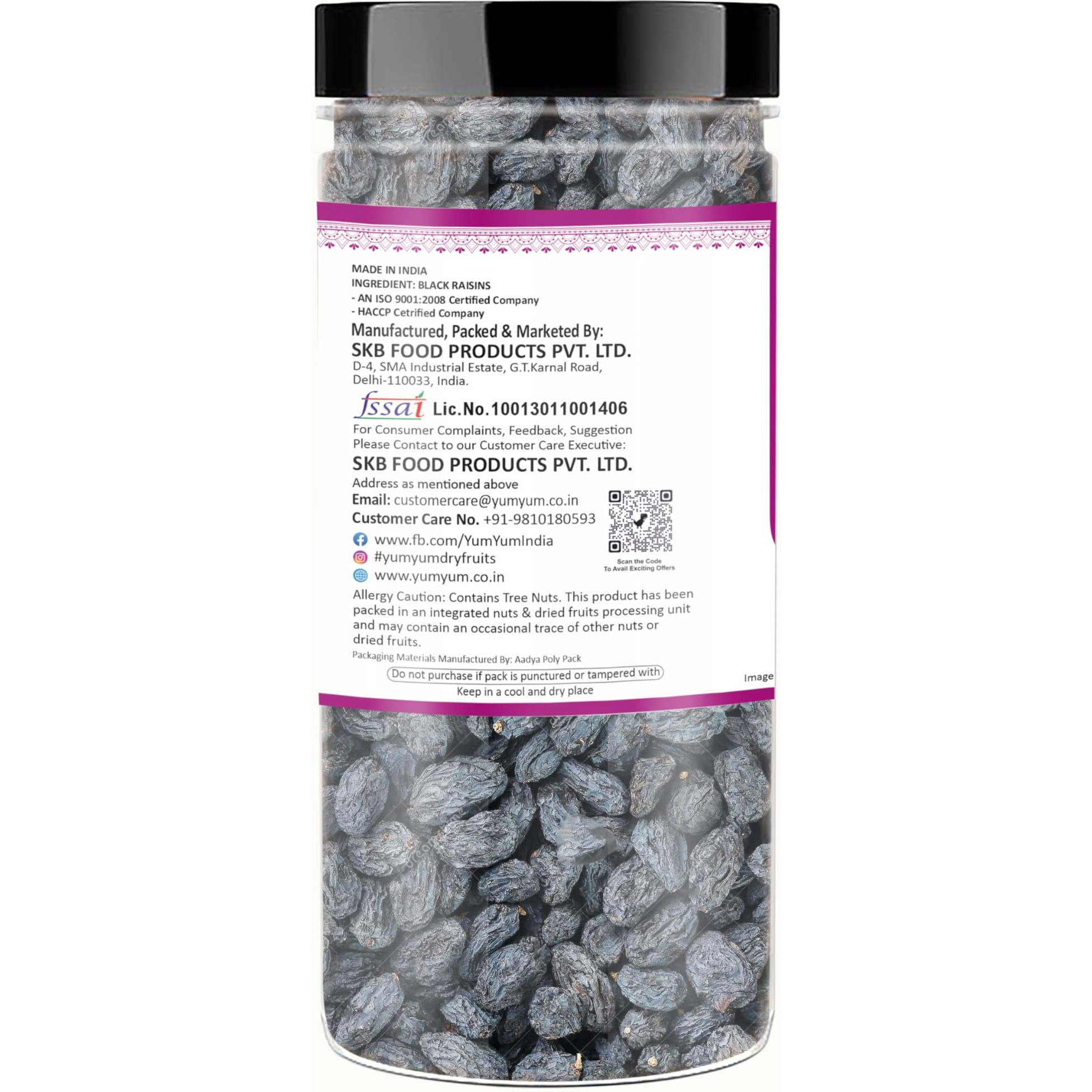YUM YUM Premium Seedless Dried Black Raisins (Kali Kishmish) Dry Fruit 500g (Pack of 2-250g Each Jar)