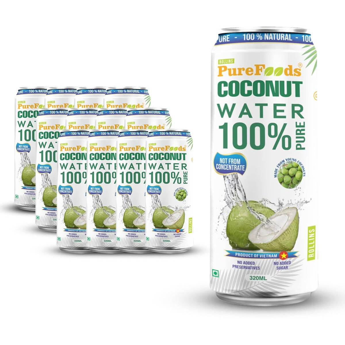 PureFoods Vietnamese Tender Coconut Water 100% Pure & Natural | Nariyal Paani for Daily Hydration & Healthy Skin | (Pack Of 12, 320 ML Each)