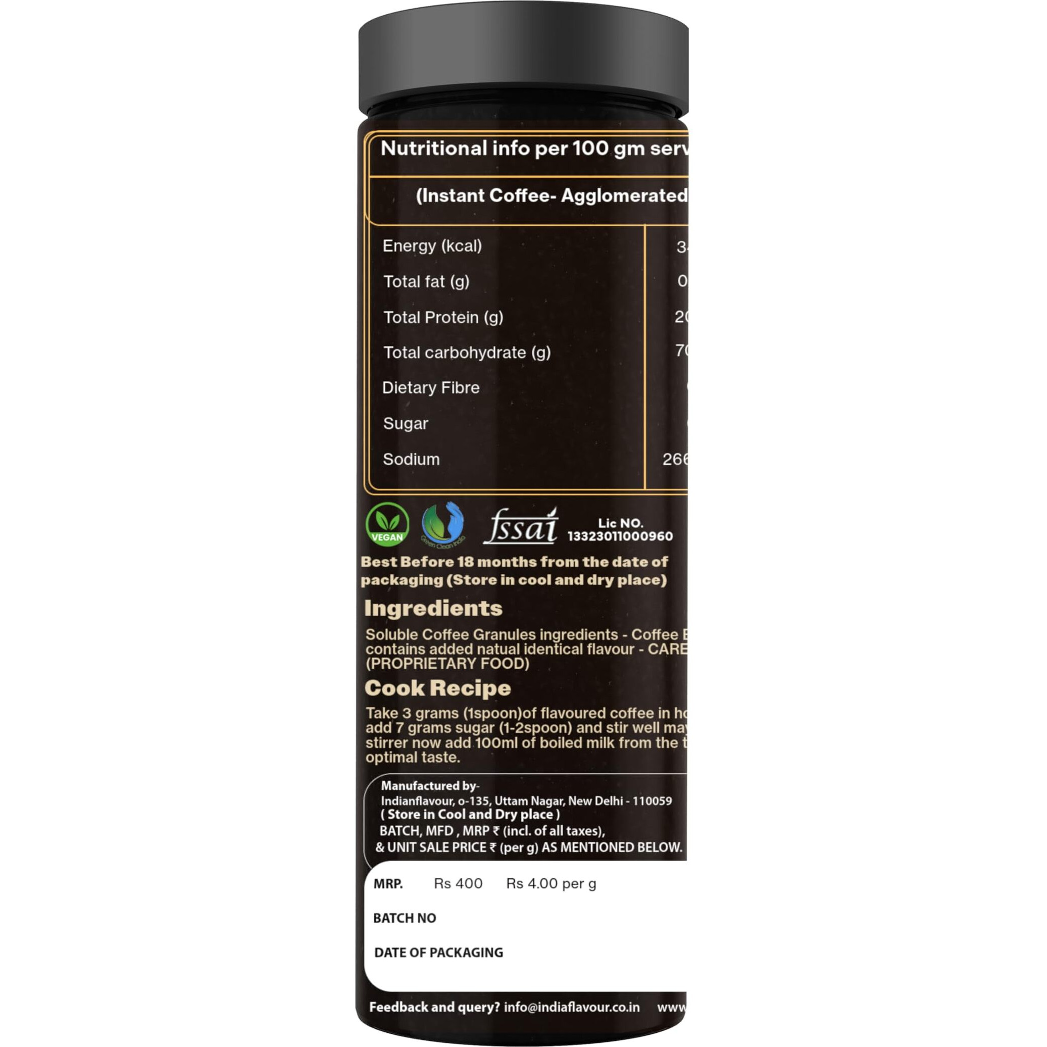 India Flavor Caramel Coffee | Rich Instant Coffee Powder, No Chicory | 100 gm coffee, 50 Servings
