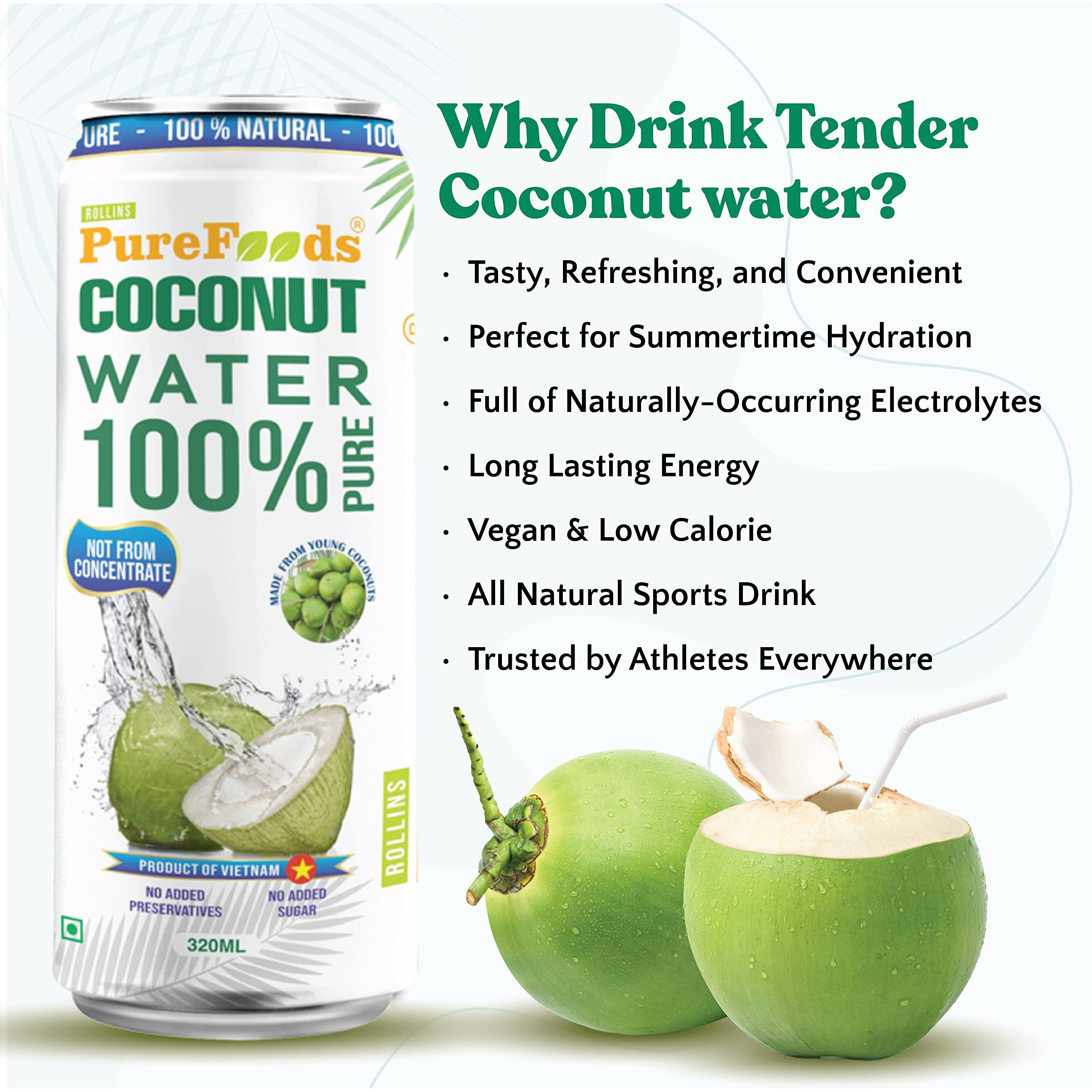 ROLLINS PureFoods Vietnamese Tender Coconut Water, 100% Pure & Natural | Nariyal Paani For Daily Hydration & Healthy Skin | (Pack Of 2, 320Ml Each)