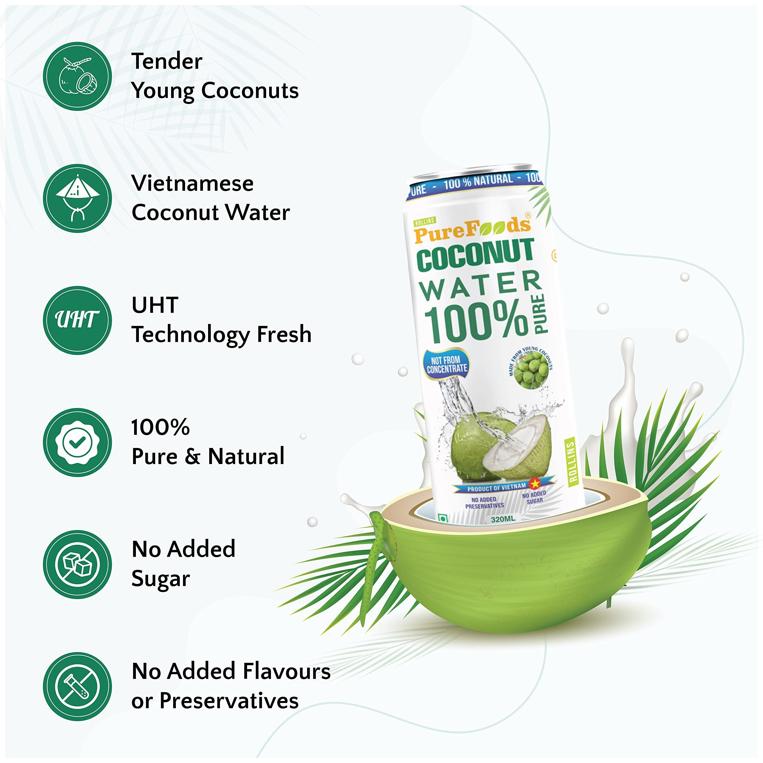 ROLLINS PureFoods Vietnamese Tender Coconut Water, 100% Pure & Natural | Nariyal Paani For Daily Hydration & Healthy Skin | (Pack Of 2, 320Ml Each)