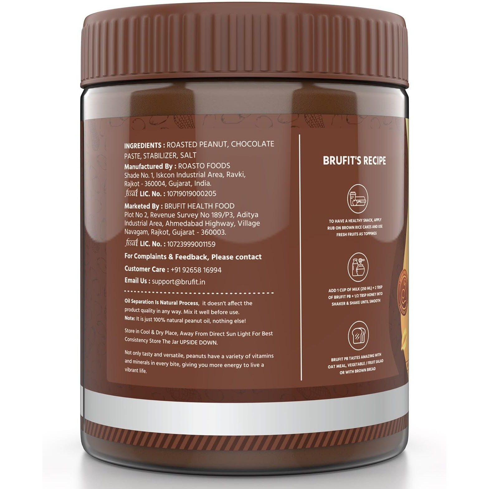 BruFit Chocolate Peanut Butter 18.6g Protein & 5.2g Fiber, Tasty & Healthy Nut Butter Spread with No-Cholesterol, Vegan, Gluten Free, Zero Tans Fat (Creamy,420 g).