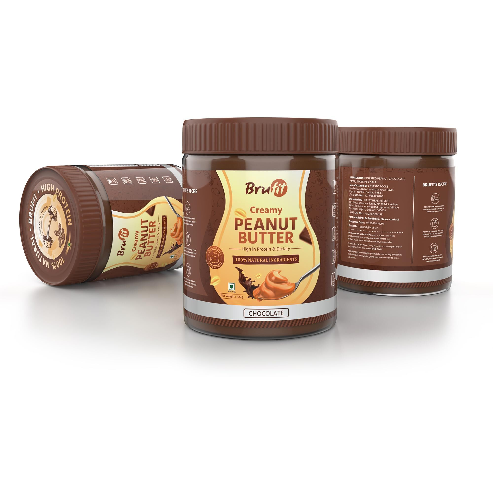 BruFit Chocolate Peanut Butter 18.6g Protein & 5.2g Fiber, Tasty & Healthy Nut Butter Spread with No-Cholesterol, Vegan, Gluten Free, Zero Tans Fat (Creamy,420 g).