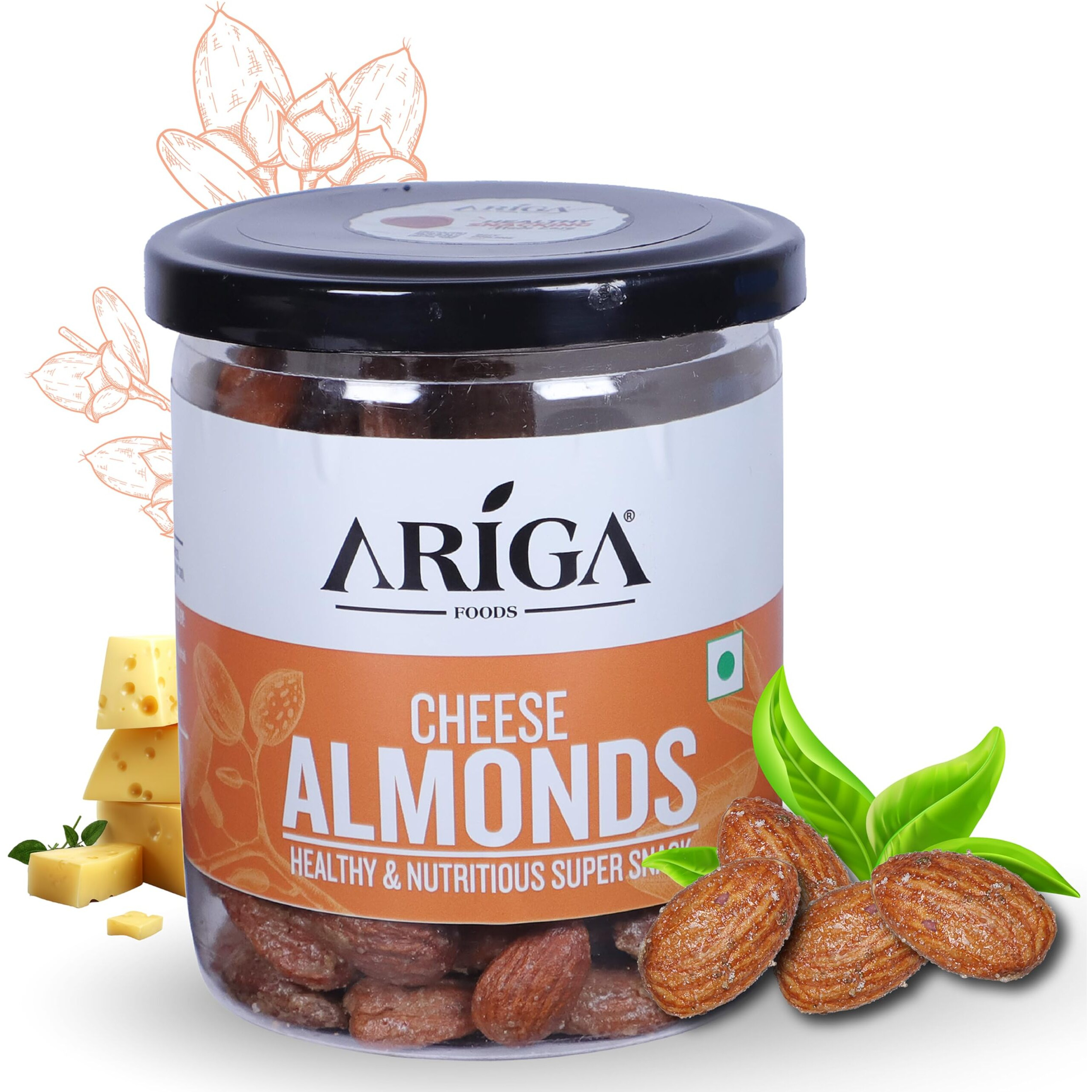 Ariga Foods Roasted Almonds Cheese Flavoured Badam - Bold Size Rich in Protein and Increase Stamina | Real Nuts | Whole Natural Badam Dry Fruits (Pet Can 200g)