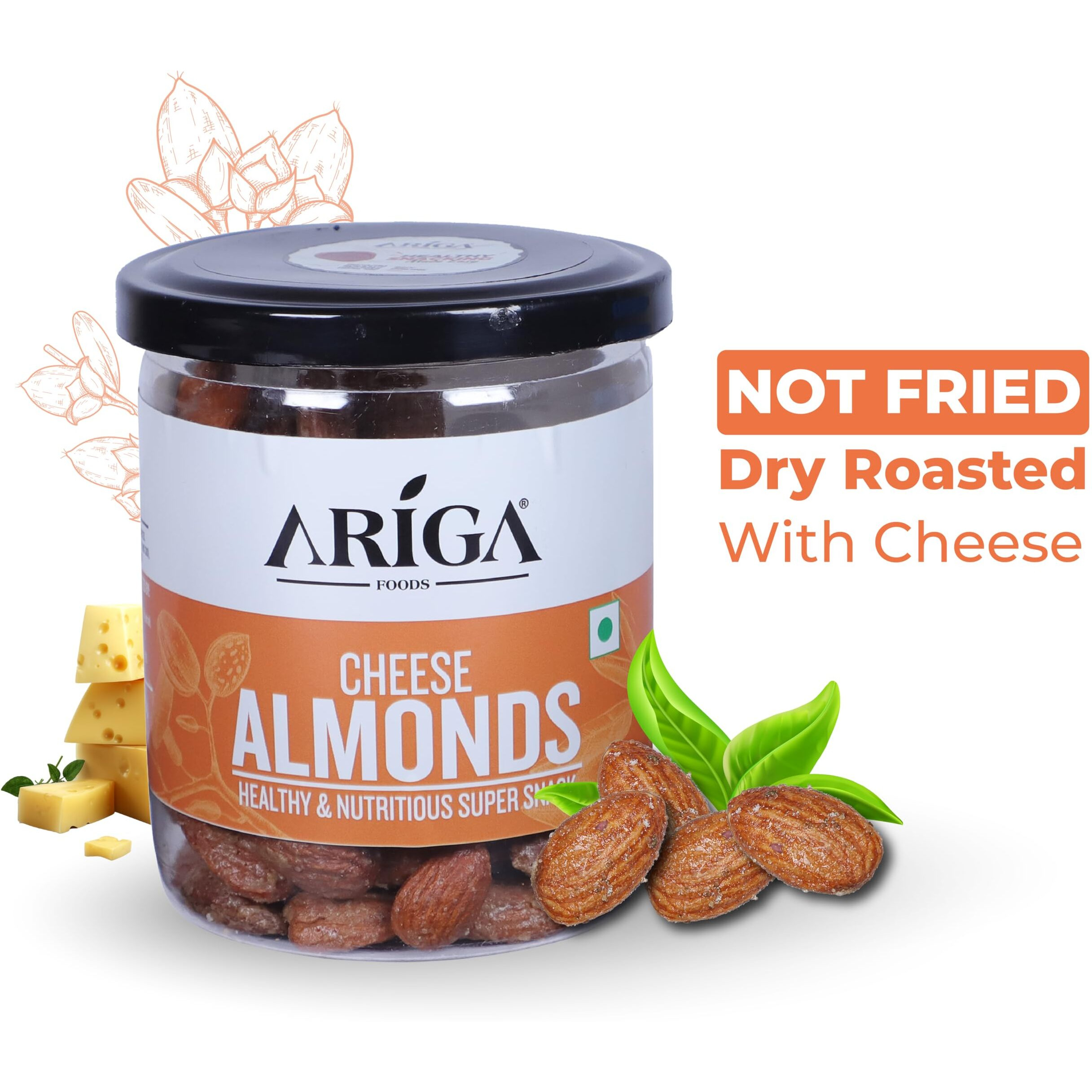 Ariga Foods Roasted Almonds Cheese Flavoured Badam - Bold Size Rich in Protein and Increase Stamina | Real Nuts | Whole Natural Badam Dry Fruits (Pet Can 200g)