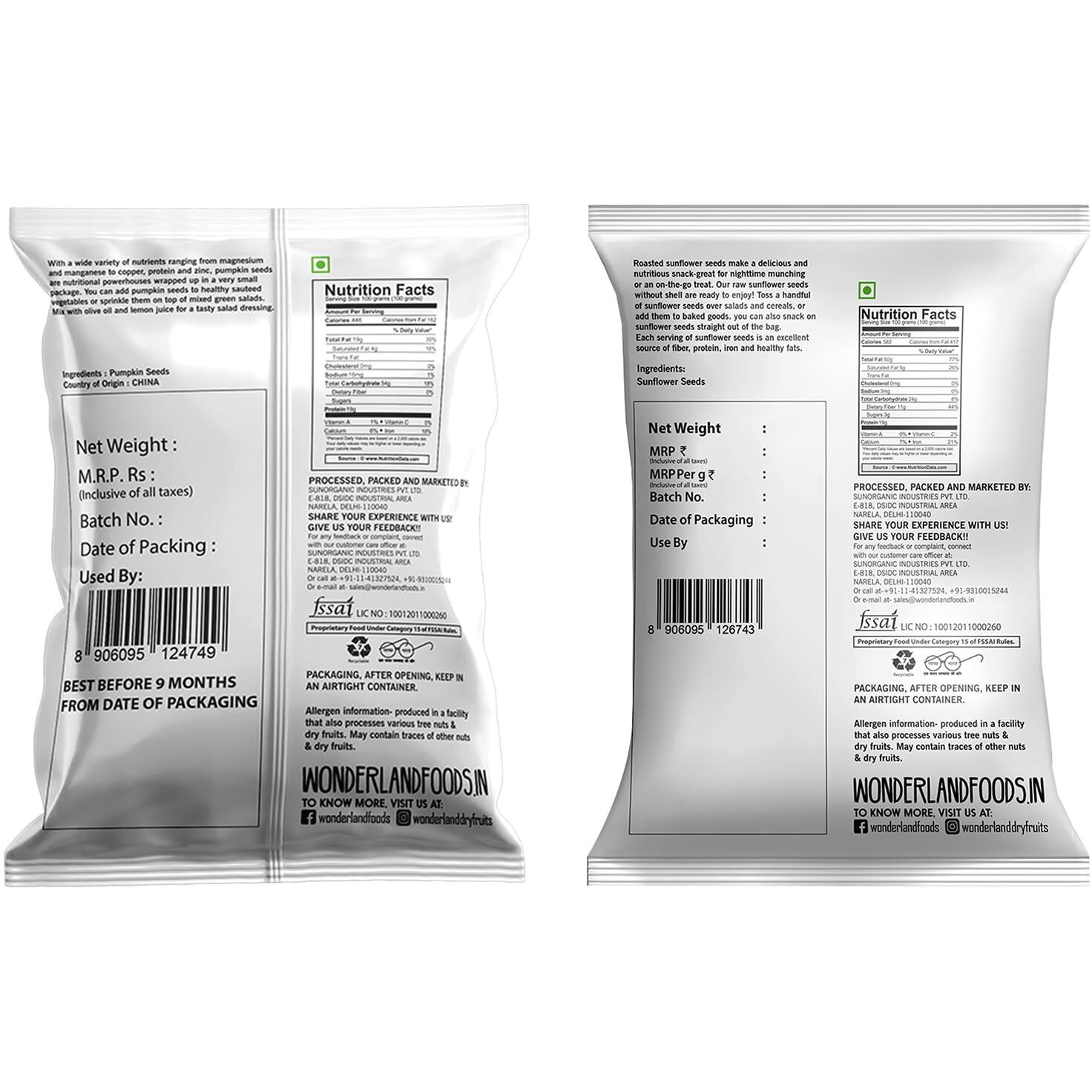 WONDERLAND FOODS Healthy I Raw (Unroasted) Pumpkin & Sunflower Seeds 300g Pouch Combo Pack (150g X 2)