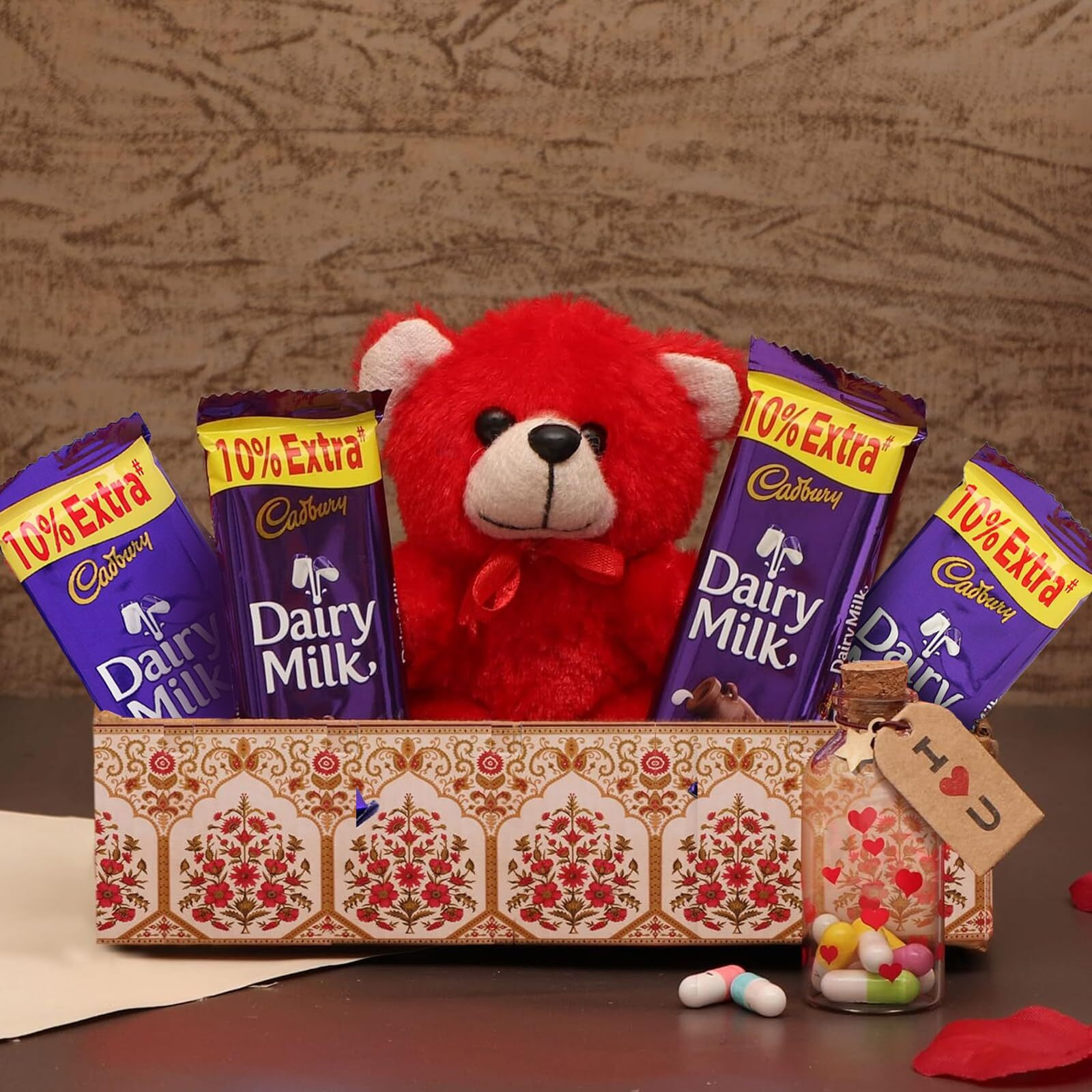 TIED RIBBONS Gift for Wife Girlfriend Girls Women - Romantic Gift Pack (Teddy Soft Toy, Chocolates with Gift Box and Love Capsule Message Bottle) Wedding Anniversary Birthday Gifts, 200 grams
