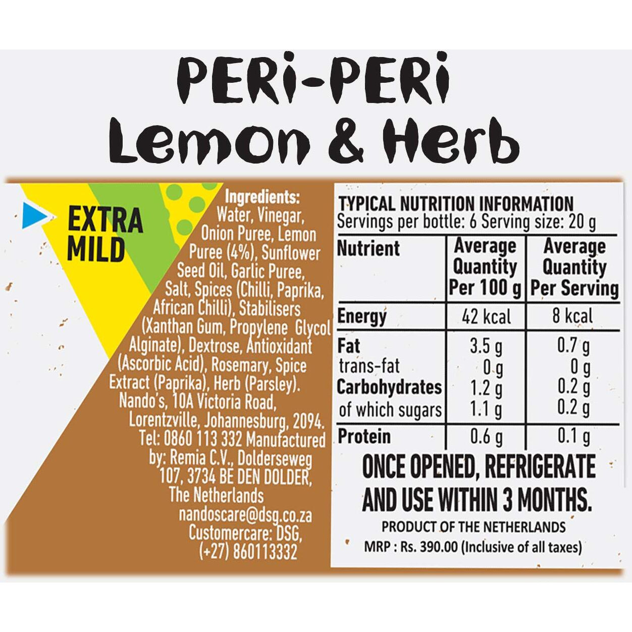Nandos Peri Peri Chilli Sauce, Lemon and Herb, 250g, Product of The Netherlands