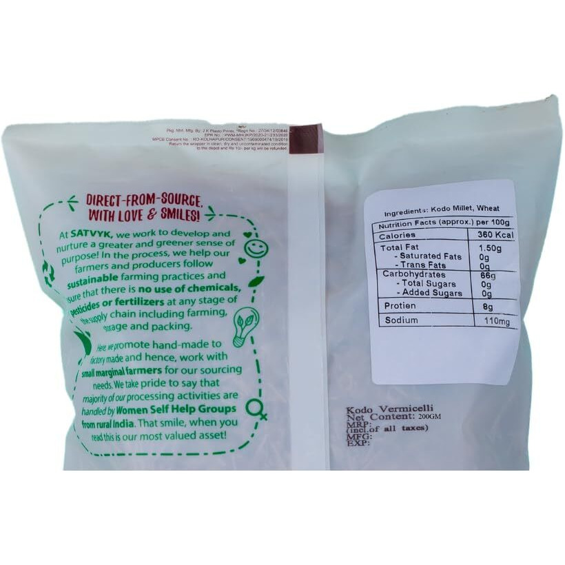 S Siddhagiris SATVYK THE HEALTH re STORE Organic Kodo Millet Vermicelli (200gm) - Sevaiya | No Maida | Traditional Method Semiya | Preservative Free | Vegan | Chemical Free Vermicelli