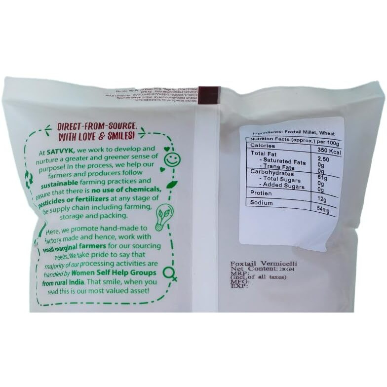 S Siddhagiris SATVYK THE HEALTH re STORE Organic Foxtail Millet Vermicelli (200gm) - Sevaiya | No Maida | Traditional Method Semiya | Preservative Free | Vegan | Chemical Free Vermicelli