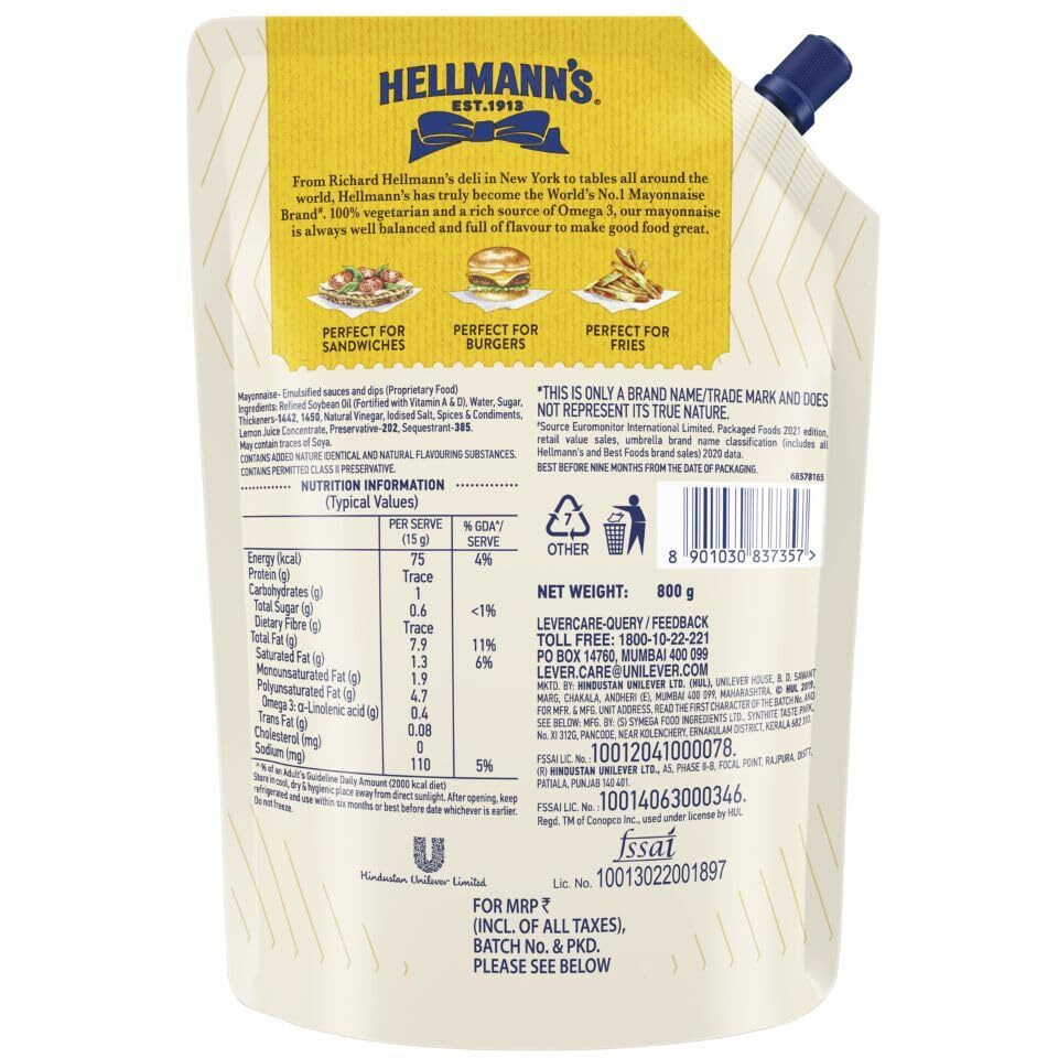 Hellmanns REAL Mayonnaise, 100% Vegetarian Creamy Mayo Used For Dressings And Condiments, 800 g