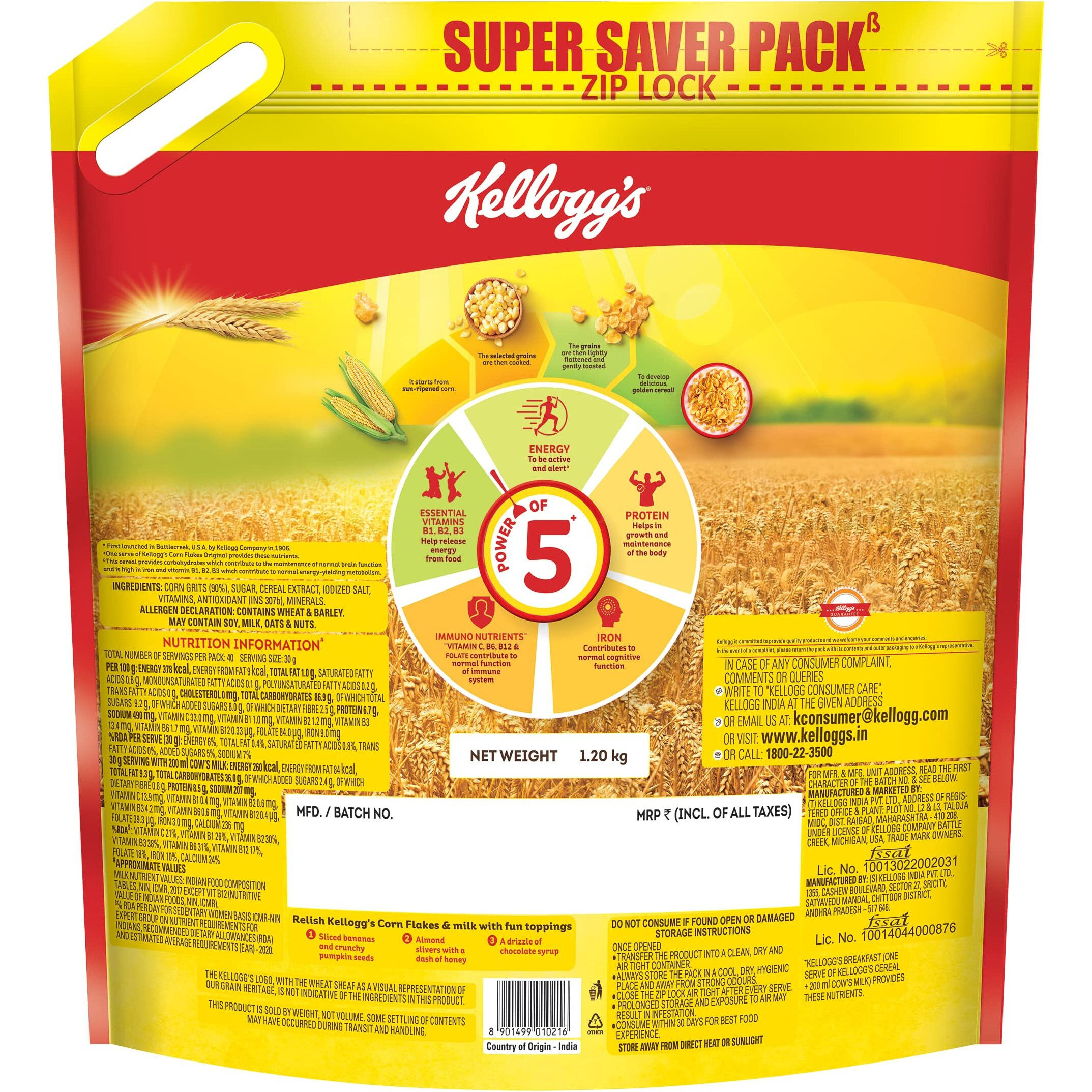 Kelloggs Corn Flakes Original 1.2kg | Power of 5 Energy, Protein, Iron, IMMUNO NUTRIENTS, Vitamins B1, B2, B3 & C| Corn Flakes, Breakfast Cereal