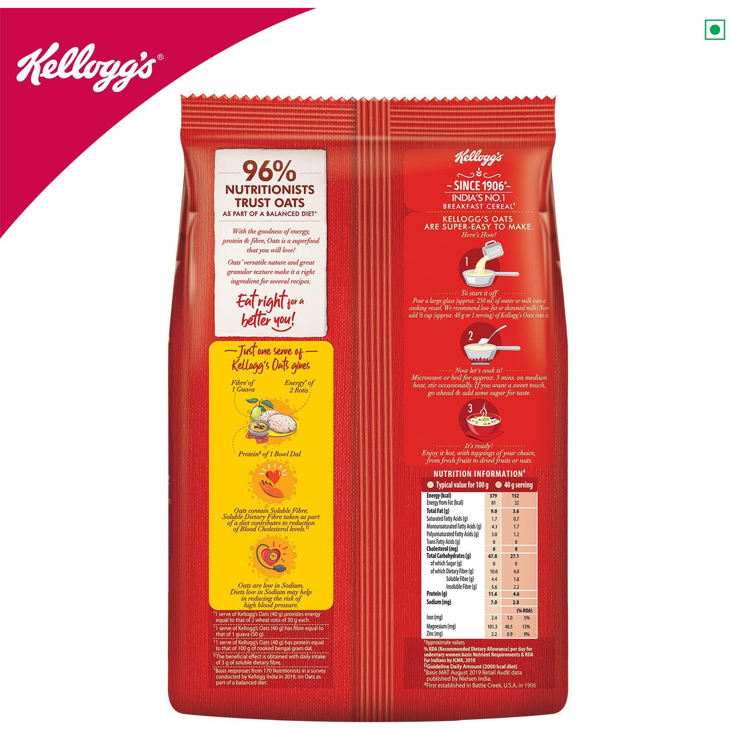 Kelloggs Oats, Rolled Oats, High in Protein and Fibre, Low in Sodium, 900g/990g Pack