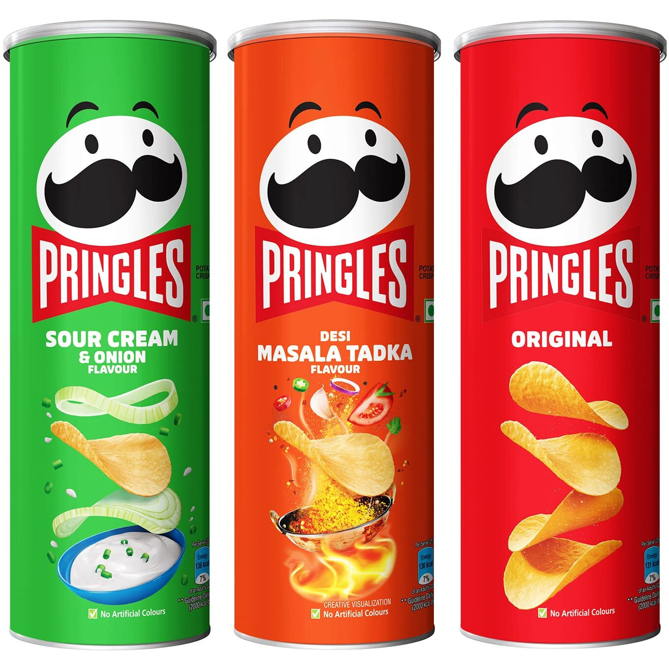 Kelloggs Pringles Original + Sour Cream & Onion + Desi Masala Tadka Flavour(107 grams each)