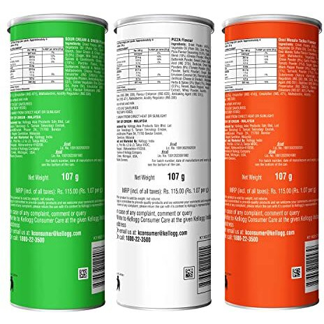 Kelloggs Pringles Sour Cream & Onion + Desi Masala Tadka + Pizza Flavour(107gram each), Masala, Salted