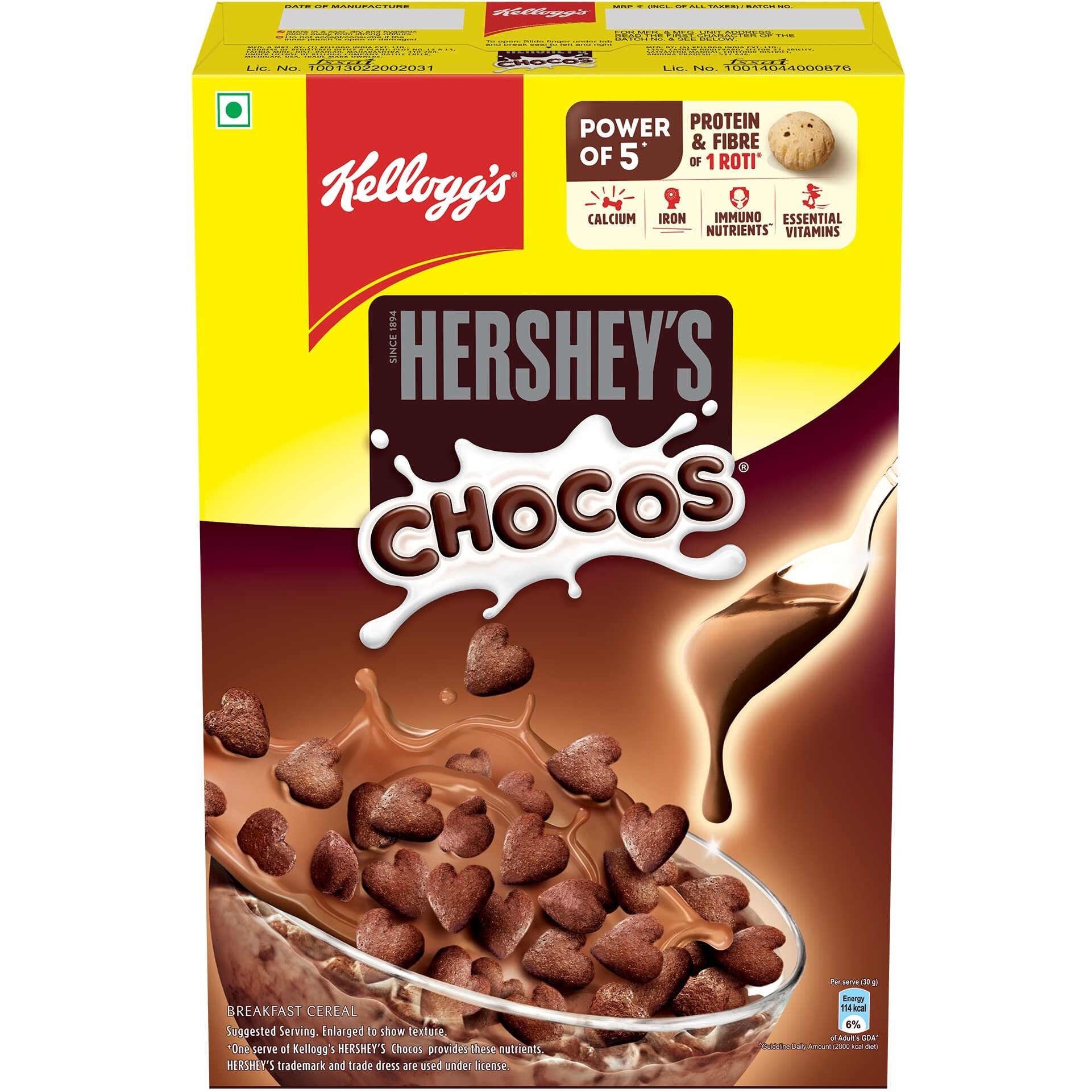 New Kelloggs HERSHEYS Chocos 325g with Power of 5+ | Protein & Fibre of 1 Roti* | High in Calcium & Iron | Immuno Nutrients** | Essential Vitamins| Chocolatey Breakfast Cereal for Kids