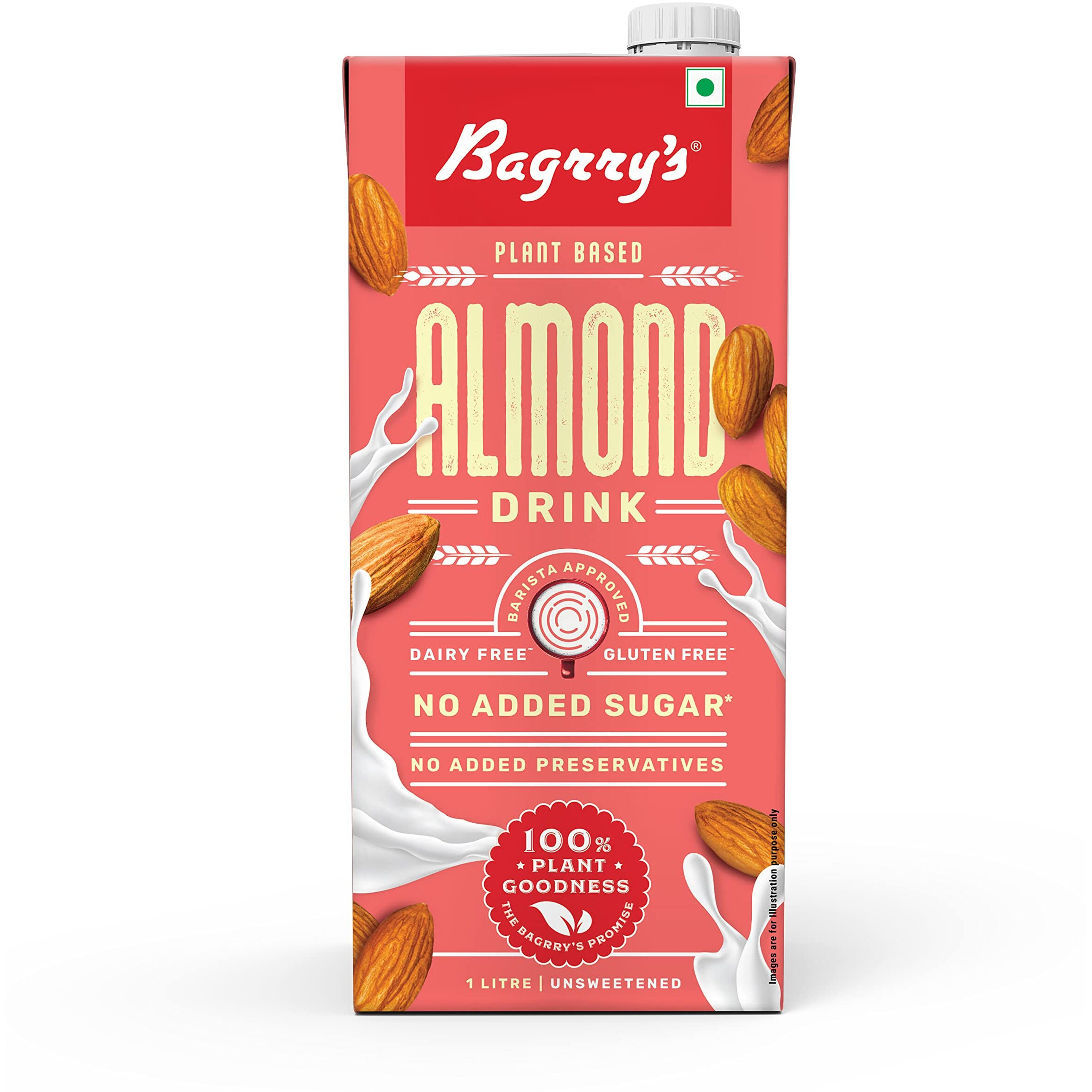 Bagrrys Plant Based Almond Drink, Unsweetned 1l | Vegan | Gluten Free| Dairy free | No Added Sugar| Plant based milk | No Preservatives