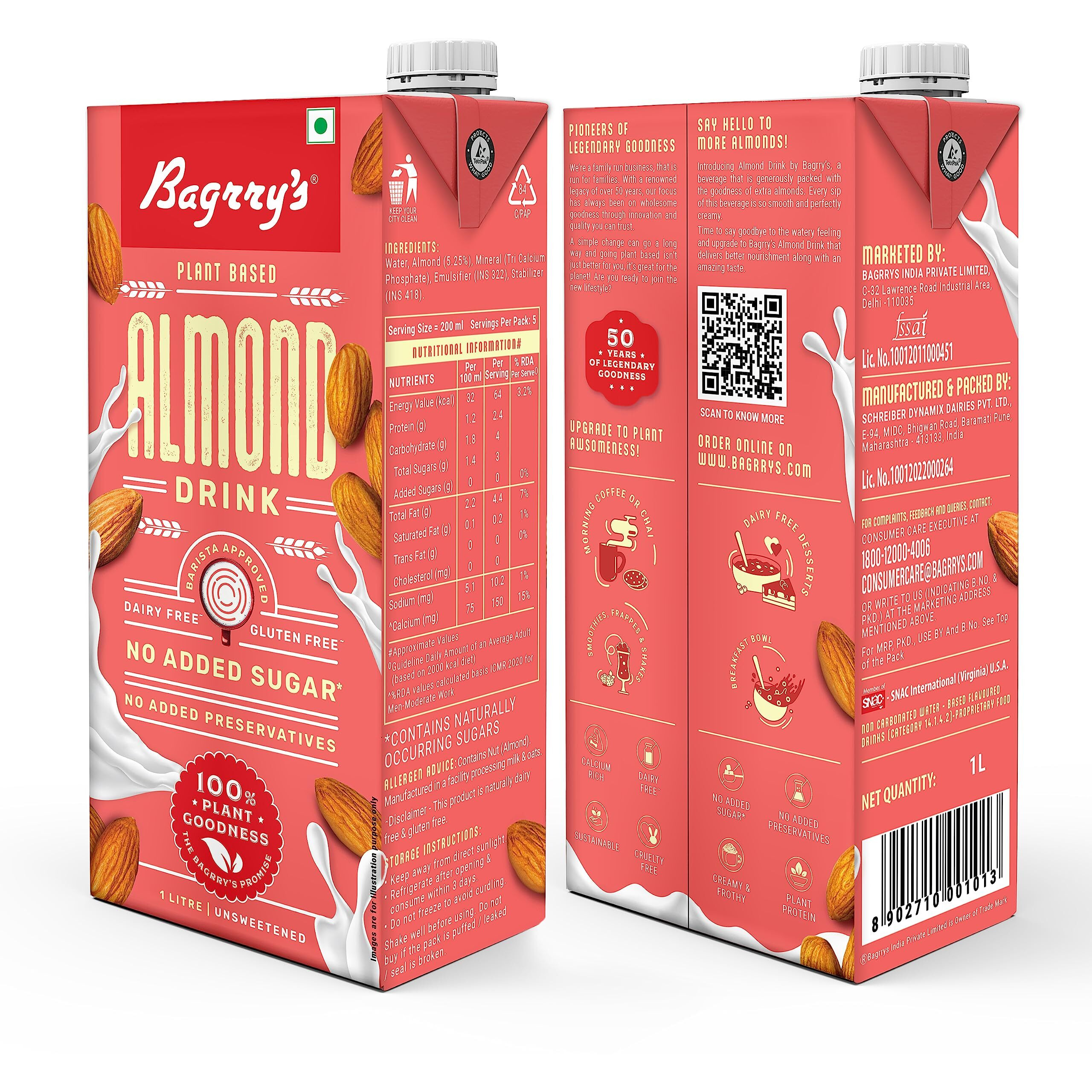 Bagrrys Plant Based Almond Drink, Unsweetned 1l | Vegan | Gluten Free| Dairy free | No Added Sugar| Plant based milk | No Preservatives