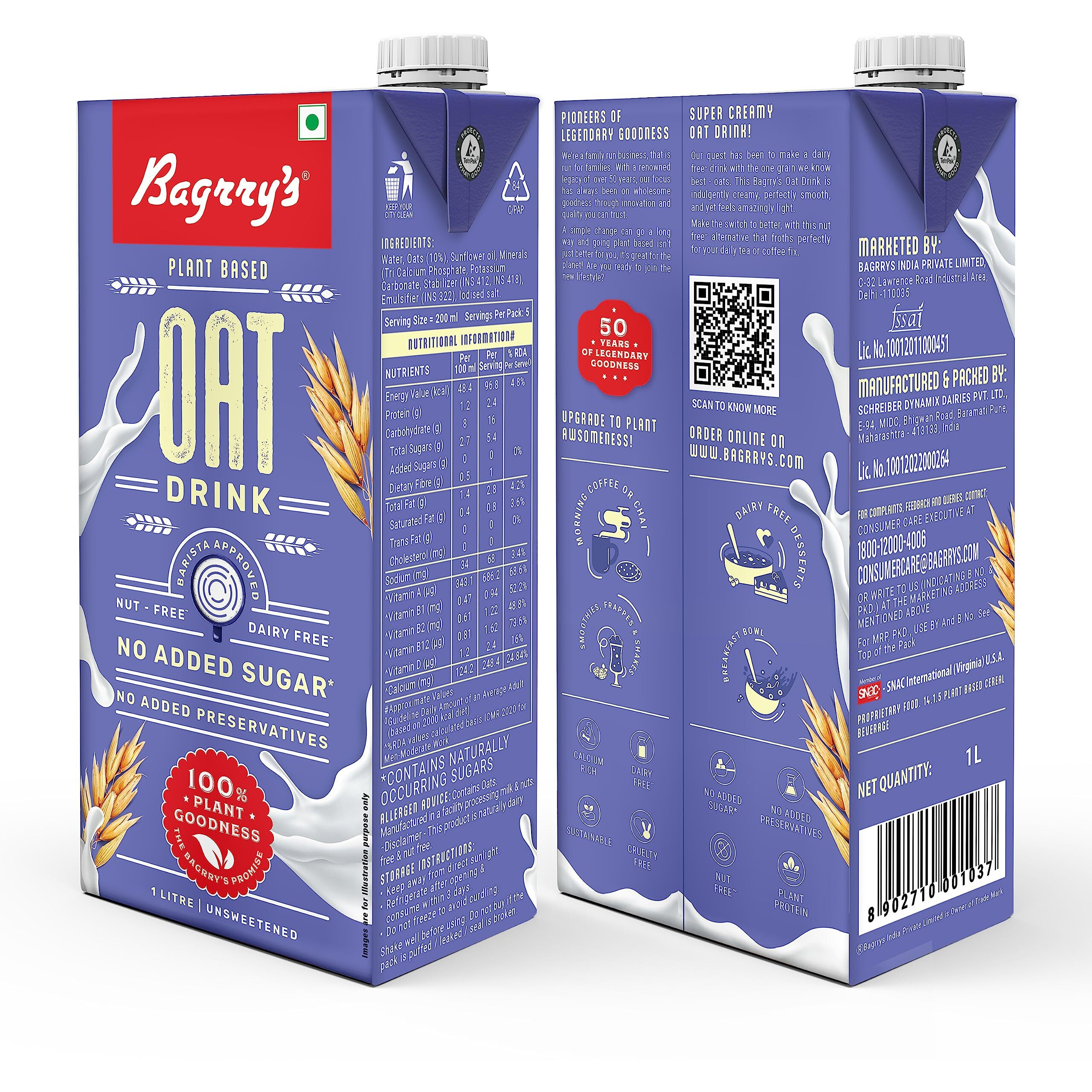 Bagrrys Plant based Oat Drink 1l, Creamy Classic, Unsweetned |Vegan | Dairy Free |No Added Sugar | Plant based milk | No Preservatives
