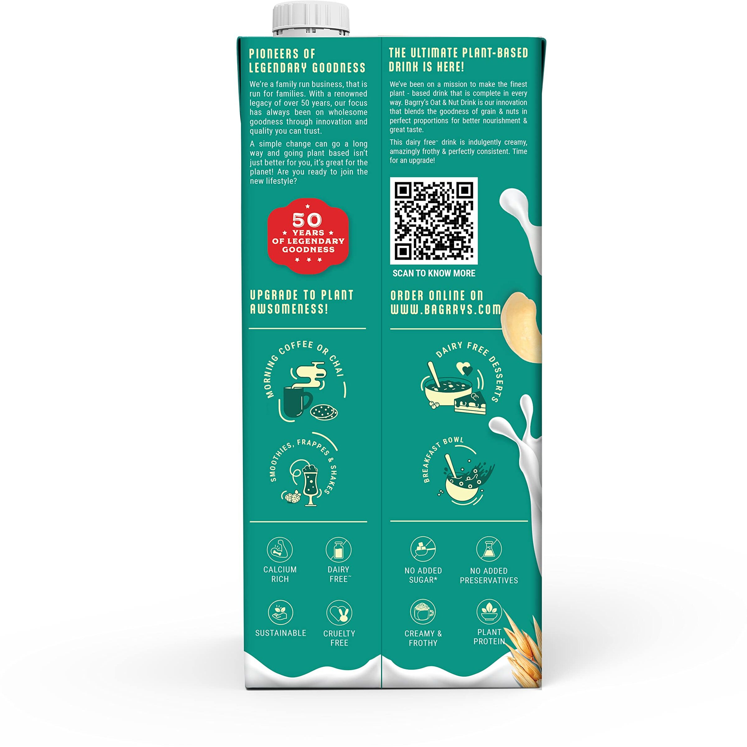 Bagrrys Plant Based Oat + Nut Drink 1l, Creamy Classic, Unsweetned| Vegan | Dairy Free | No Added Sugar | Plant based milk|No Preservatives