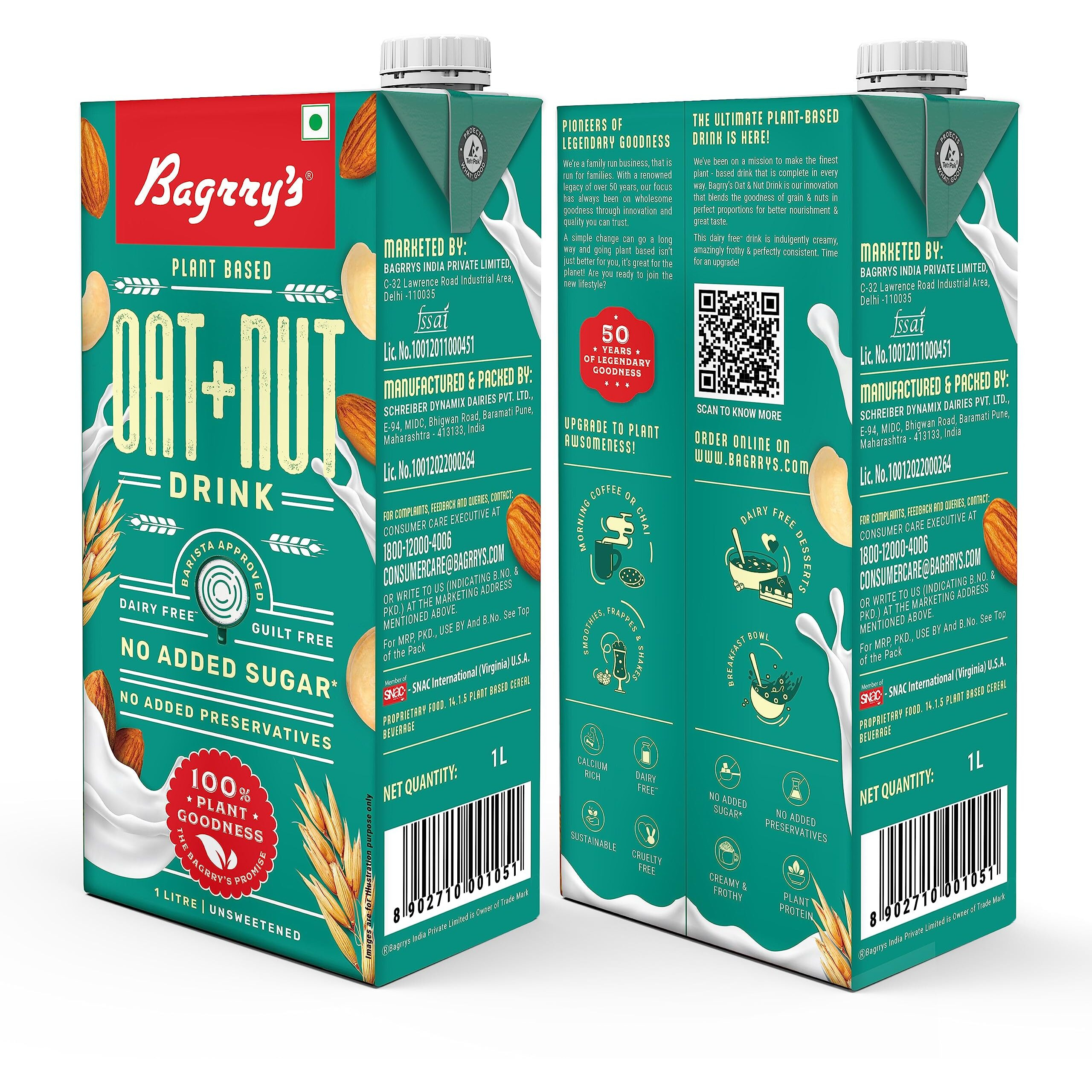 Bagrrys Plant Based Oat + Nut Drink 1l, Creamy Classic, Unsweetned| Vegan | Dairy Free | No Added Sugar | Plant based milk|No Preservatives