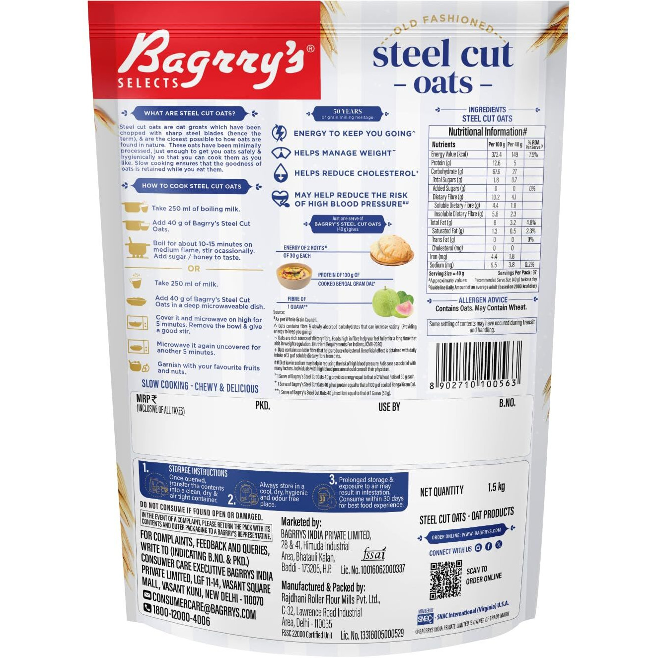 Bagrrys Steel Cut Oats 1.5kg Pouch | High in Dietary Fibre & Protein |Helps in Weight Management & Reducing Cholesterol | Old Faishoned Oats| Breakfast Cereal