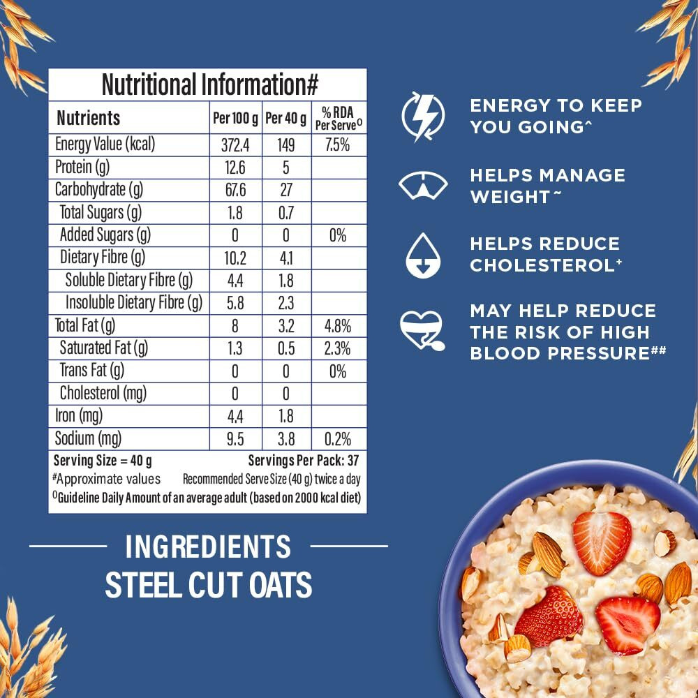 Bagrrys Steel Cut Oats 1.5kg Pouch | High in Dietary Fibre & Protein |Helps in Weight Management & Reducing Cholesterol | Old Faishoned Oats| Breakfast Cereal