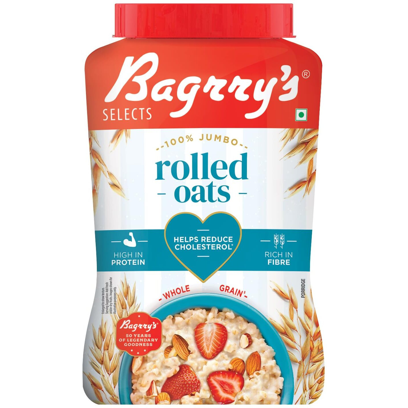 Bagrrys 100% Jumbo Rolled Oats 1.2kg Jar | Whole Grain Rolled Oats with High Fibre, Protein | Non GMO | Healthy Food with No Added Sugar | Diet food for Weight Management | Premium Rolled Oats | Nutritious & Healthy Breakfast Cereal | Instant Oats